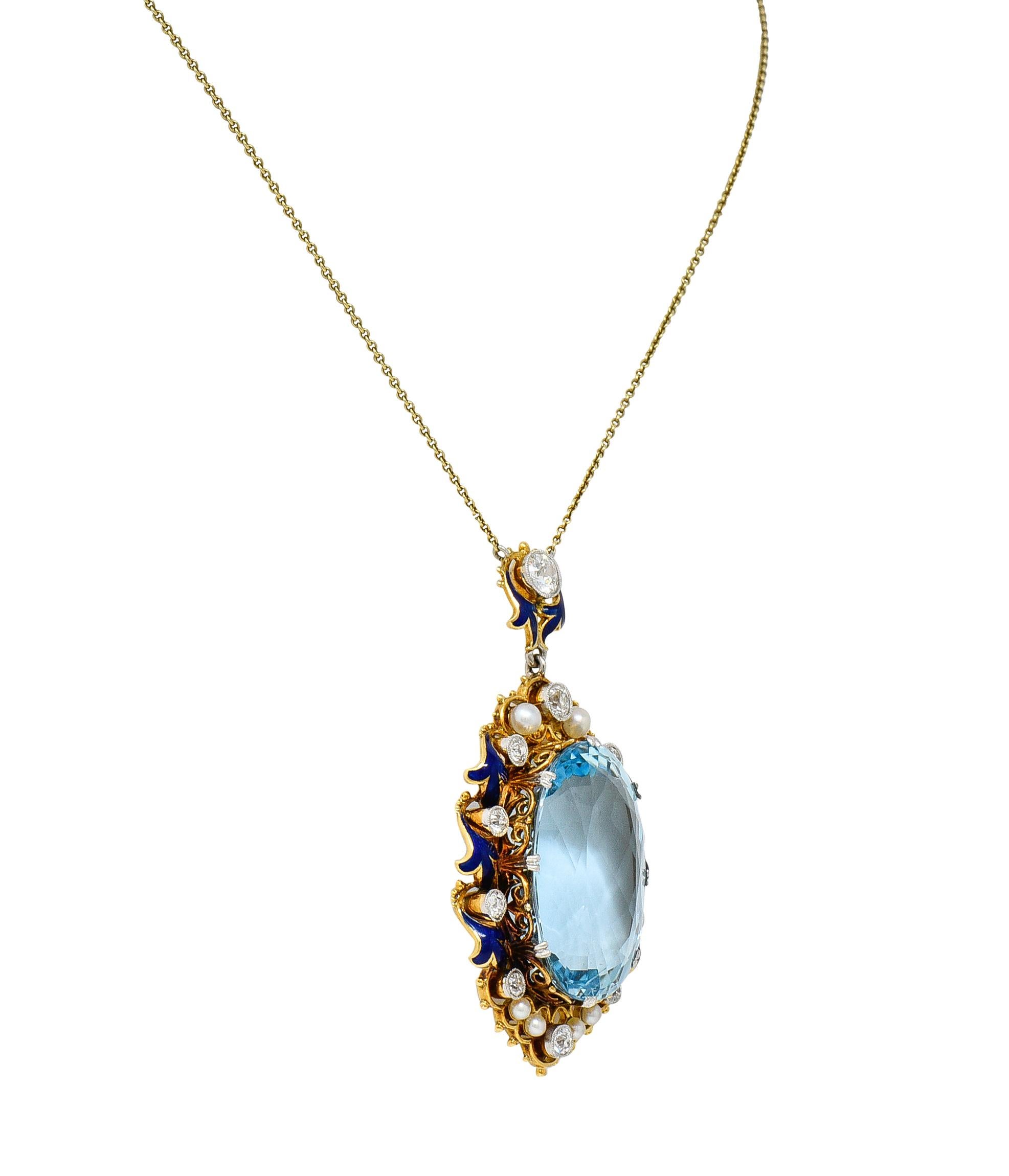 Édouardien Collier Edwardian 27.46 CTW Old Mine Diamond Aquamarine Pearl Enamel Platinum Necklace en vente