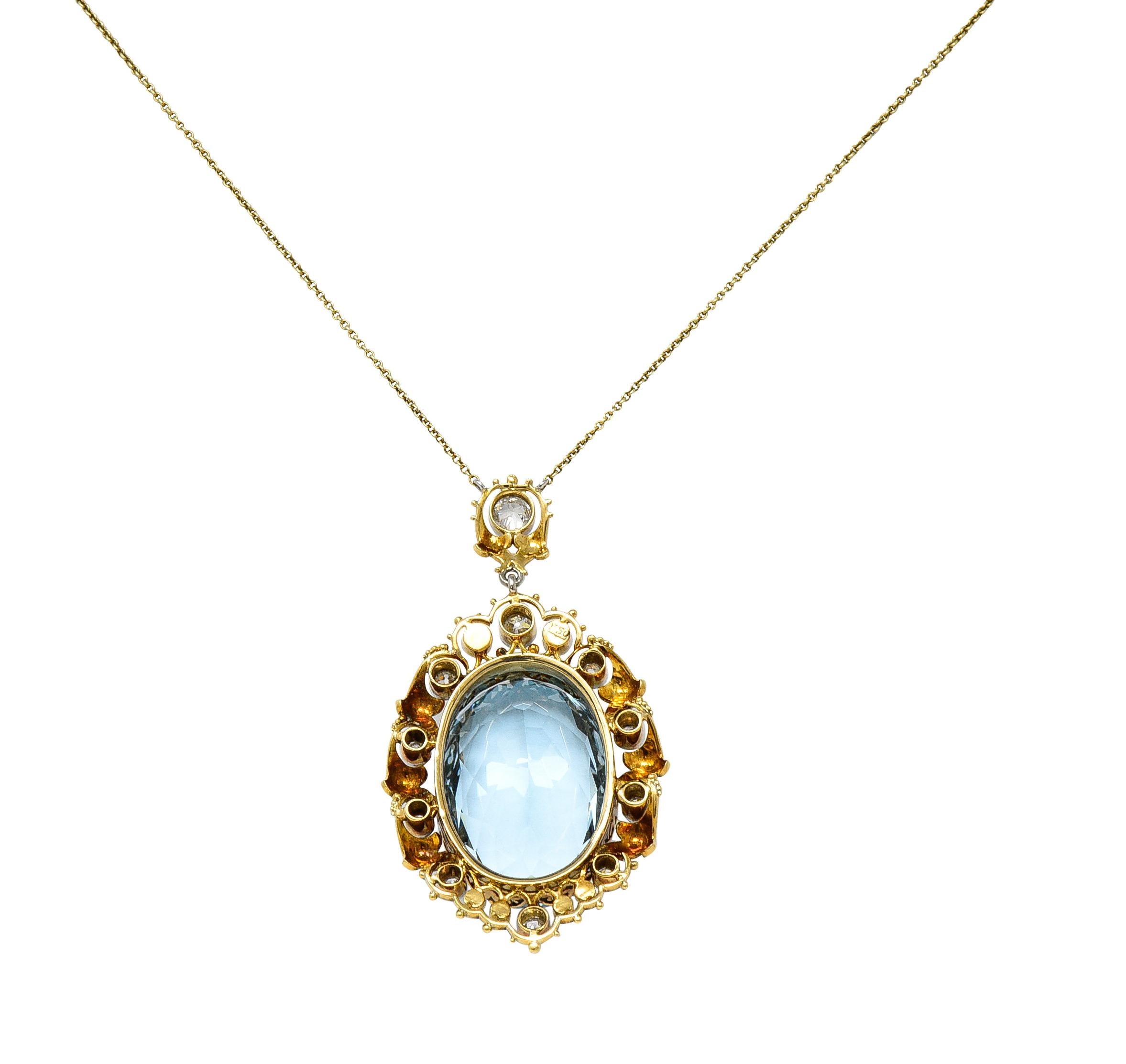 Edwardian 27.46 CTW Old Mine Diamond Aquamarine Pearl Enamel Platinum Necklace In Excellent Condition For Sale In Philadelphia, PA
