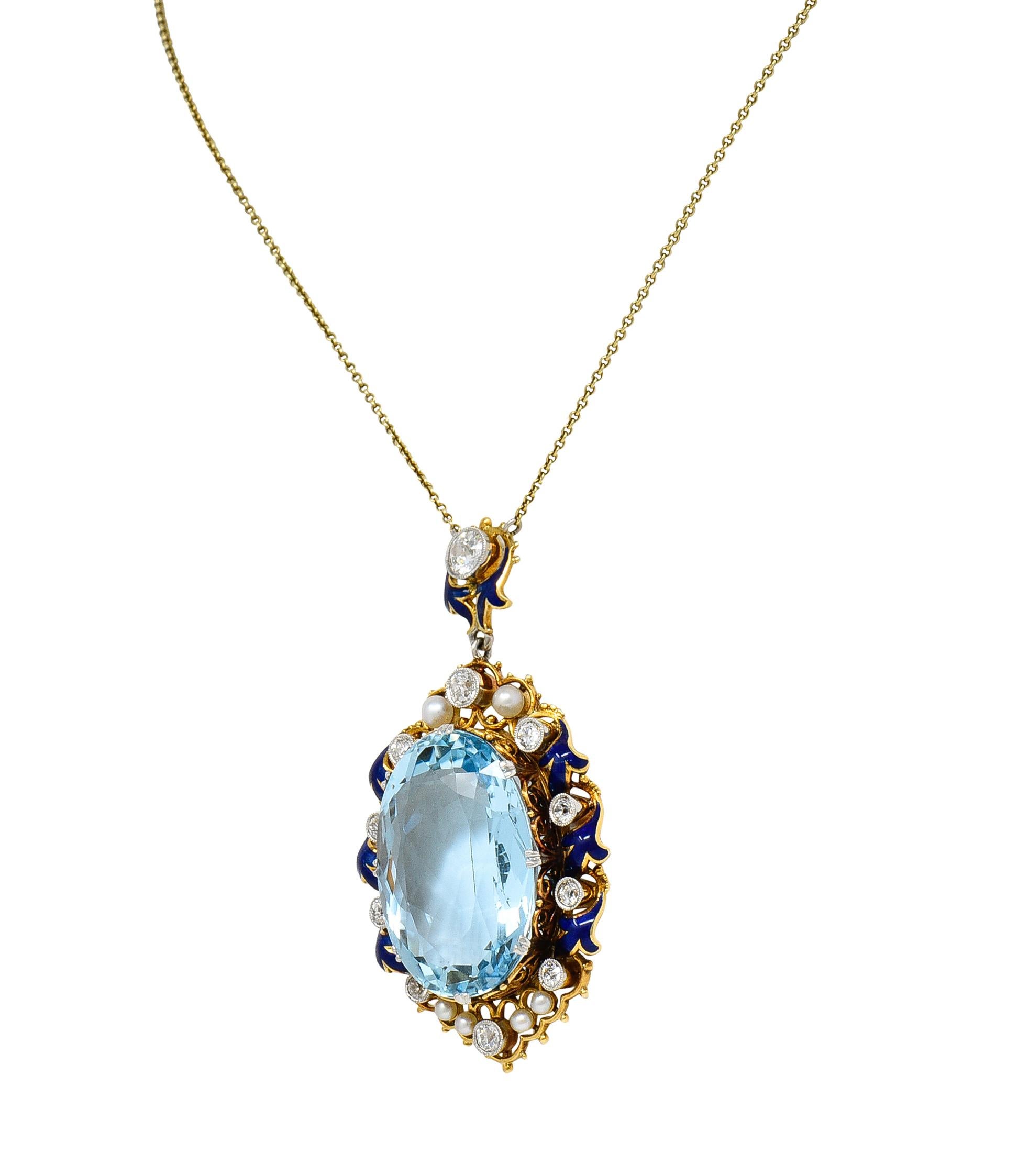 Women's Edwardian 27.46 CTW Old Mine Diamond Aquamarine Pearl Enamel Platinum Necklace For Sale