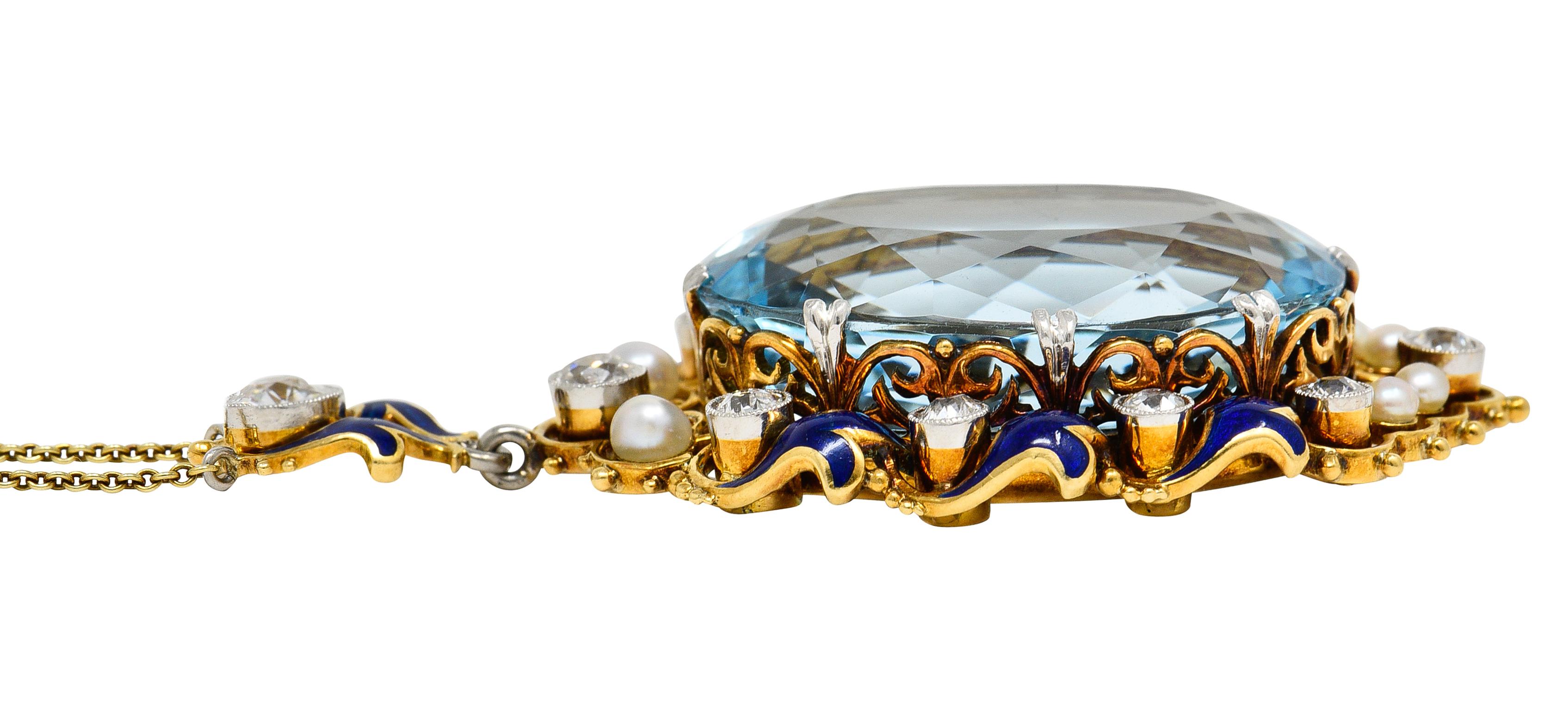 Edwardian 27.46 CTW Old Mine Diamond Aquamarine Pearl Enamel Platinum Necklace For Sale 2
