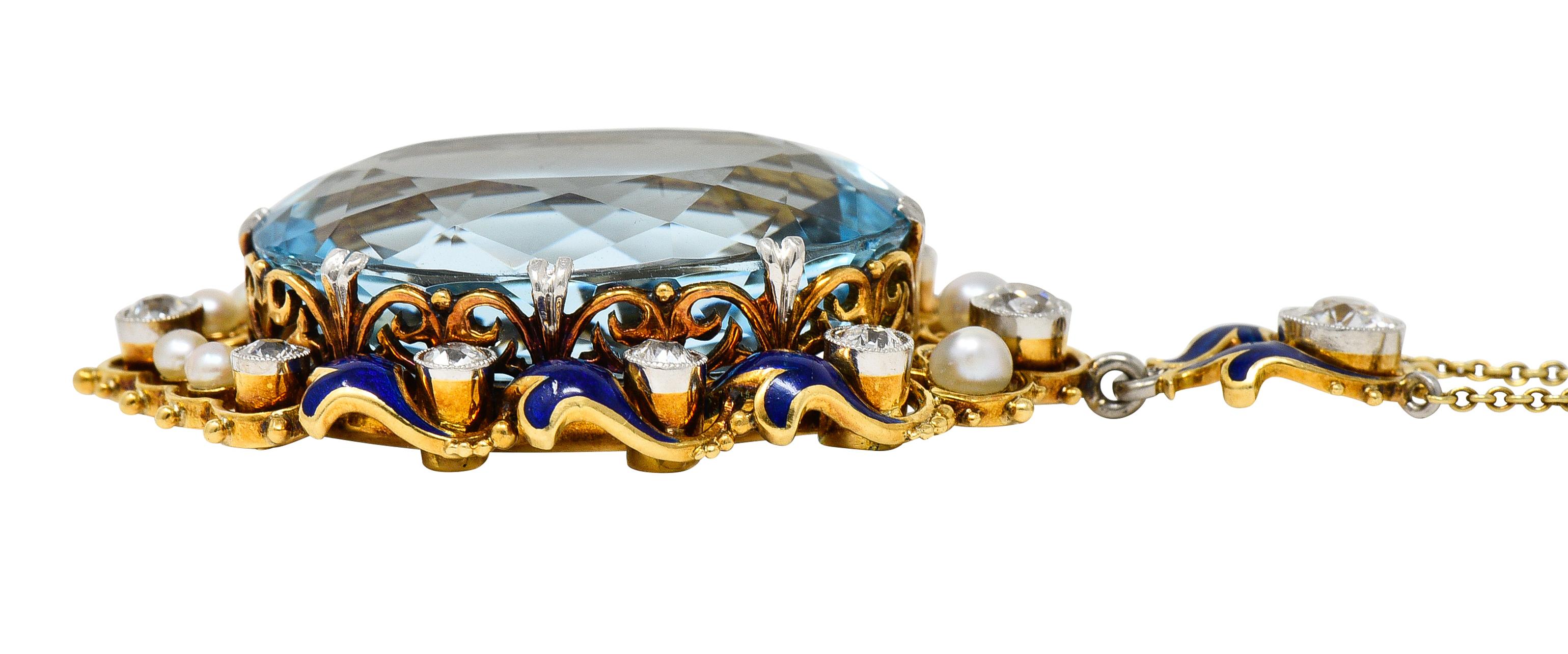 Edwardian 27.46 CTW Old Mine Diamond Aquamarine Pearl Enamel Platinum Necklace For Sale 3