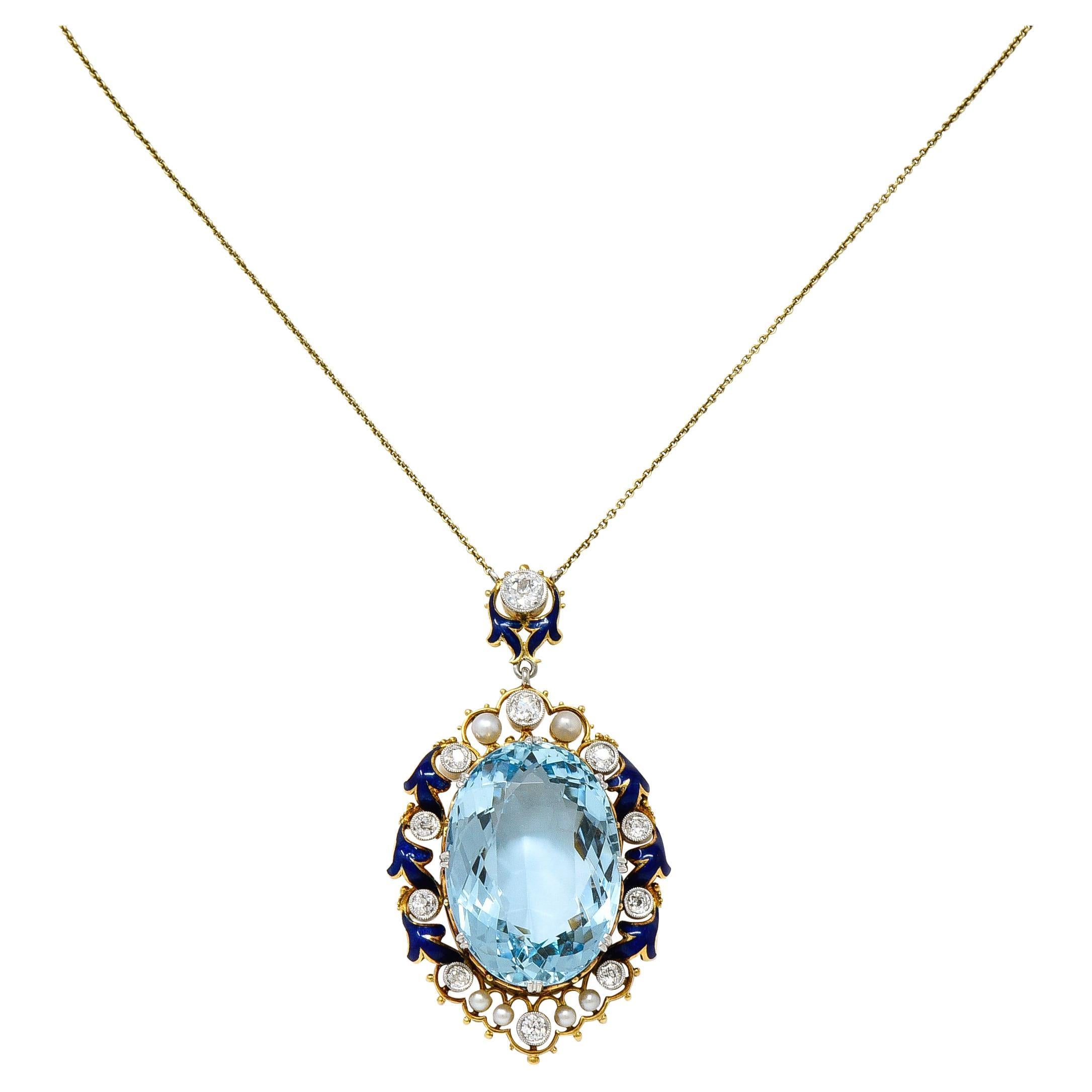 Edwardian 27.46 CTW Old Mine Diamond Aquamarine Pearl Enamel Platinum Necklace For Sale