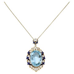 Antique Edwardian 27.46 CTW Old Mine Diamond Aquamarine Pearl Enamel Platinum Necklace