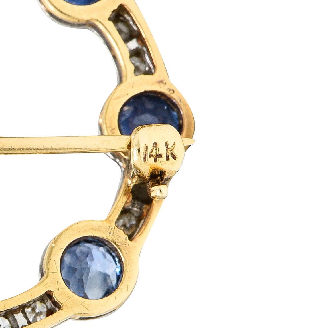 Women's or Men's Edwardian 2.75 Carats Sapphire Diamond Platinum-Topped 14 Karat Gold Circle Pin