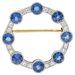 Edwardian 2.75 Carats Sapphire Diamond Platinum-Topped 14 Karat Gold Circle Pin