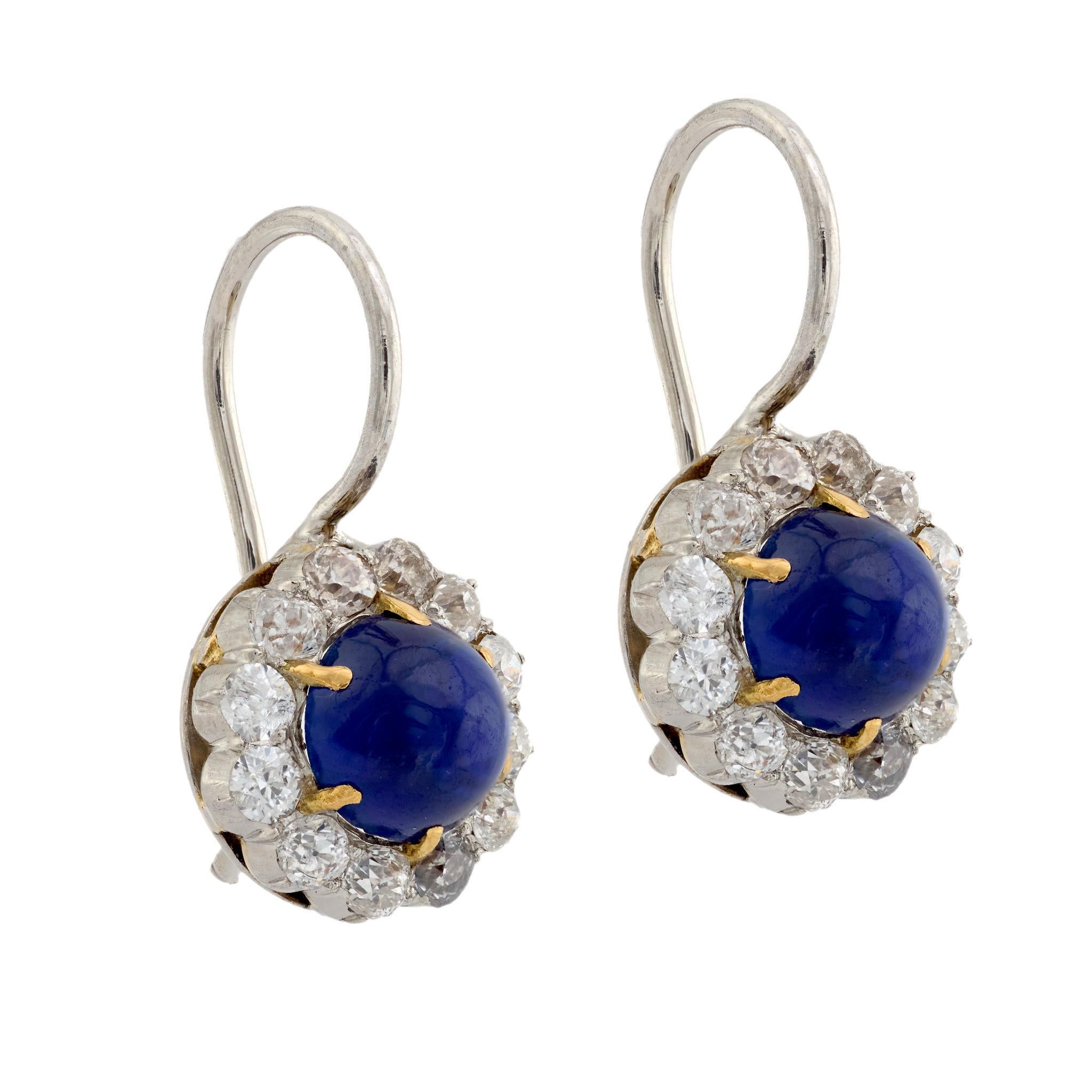 Cabochon Edwardian 2.80 carat cabochon cut sapphire diamond platinum cluster earrings For Sale