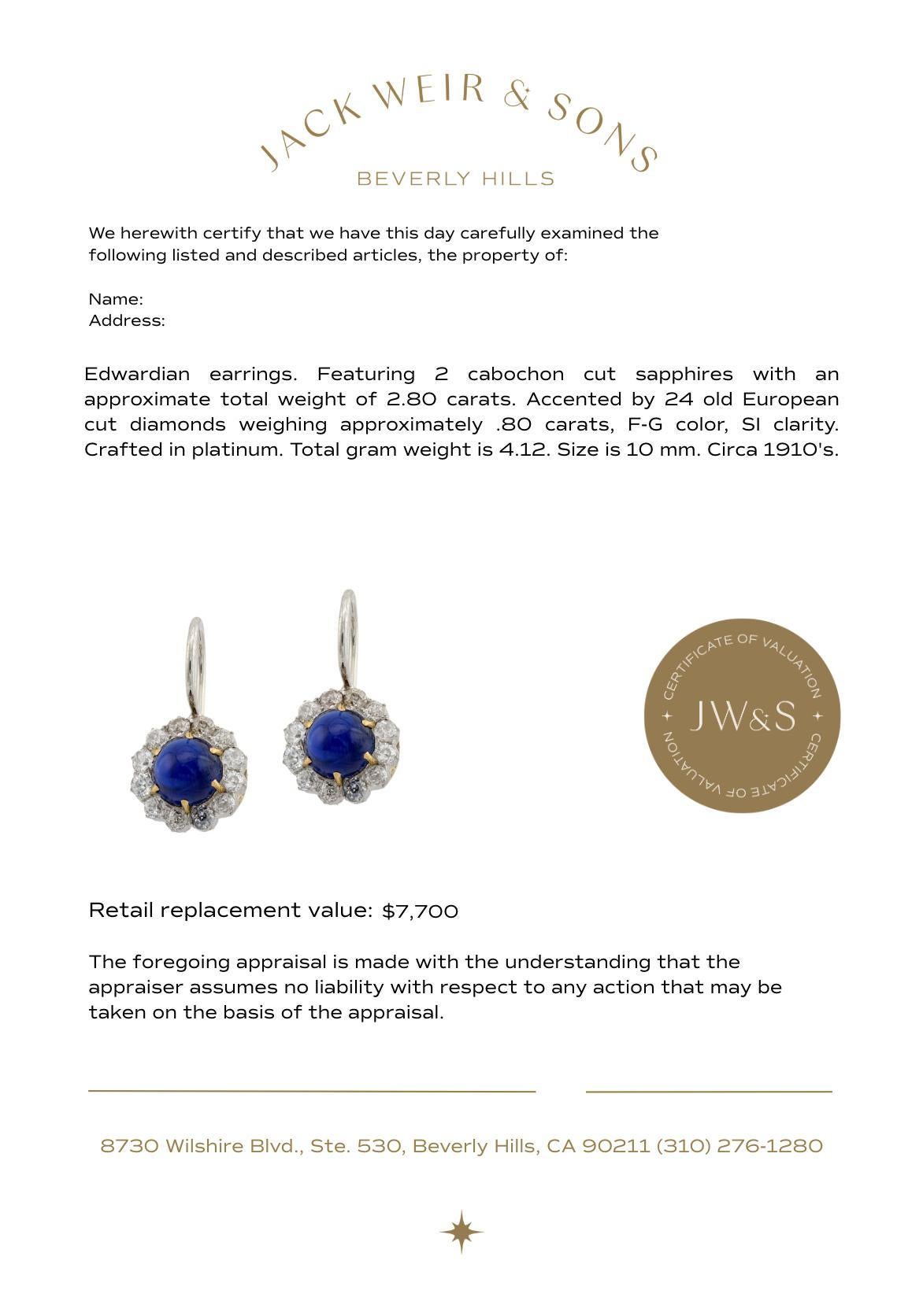 Women's Edwardian 2.80 carat cabochon cut sapphire diamond platinum cluster earrings For Sale
