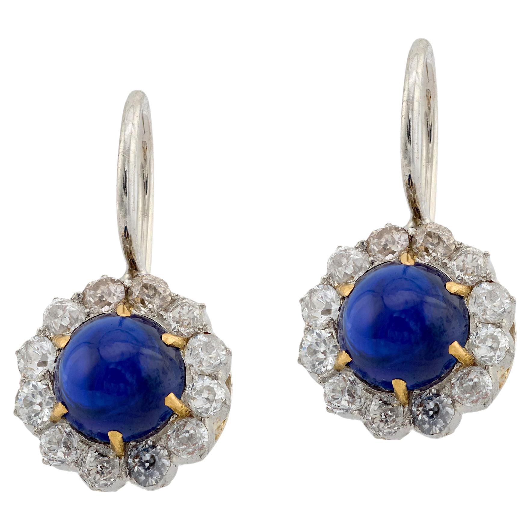 Edwardian 2.80 carat cabochon cut sapphire diamond platinum cluster earrings For Sale
