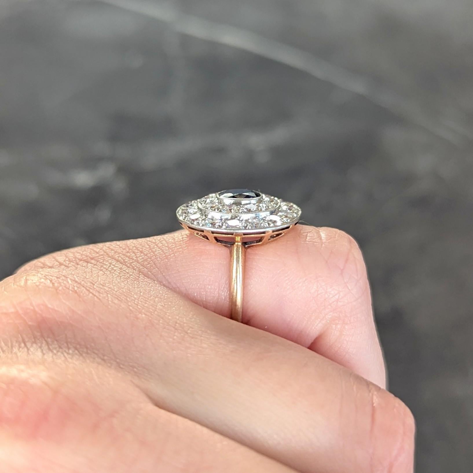 Bague grappe édouardienne ancienne en or 18 carats, platine, diamants et saphir 2,80 carats poids total en vente 5