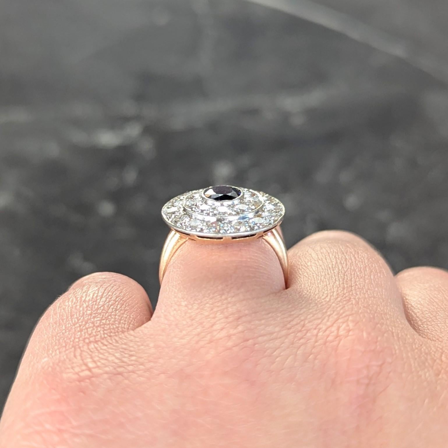 Bague grappe édouardienne ancienne en or 18 carats, platine, diamants et saphir 2,80 carats poids total en vente 6