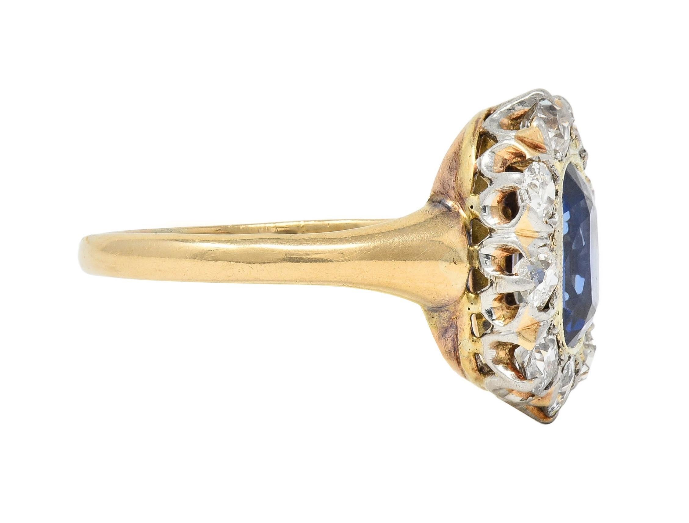 Taille ronde Bague édouardienne ancienne 18 carats avec diamants et saphir de Birmanie 2,83 carats, non chauffée, certifiée GIA en vente
