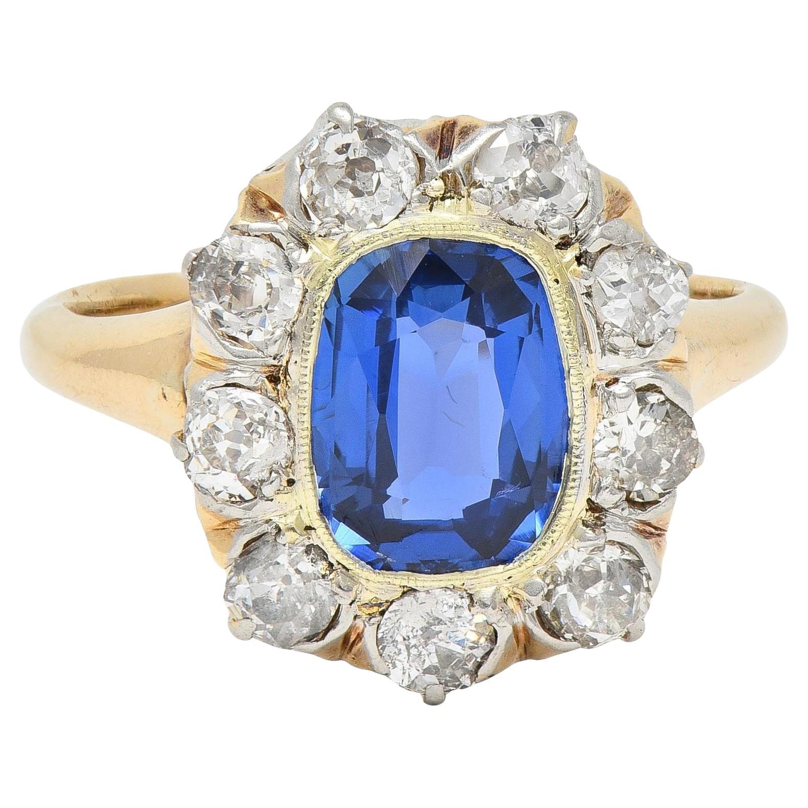 Edwardian 2.83 CTW No Heat Burma Sapphire Diamond Plat 18K Antique Halo Ring GIA