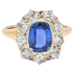 Edwardian 2.83 CTW No Heat Burma Sapphire Diamond Plat 18K Antique Halo Ring GIA