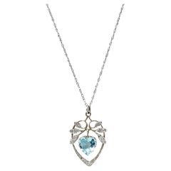 Edwardian 2.85 Carats Old European Cut Diamond Aquamarine Heart Foliate Necklace
