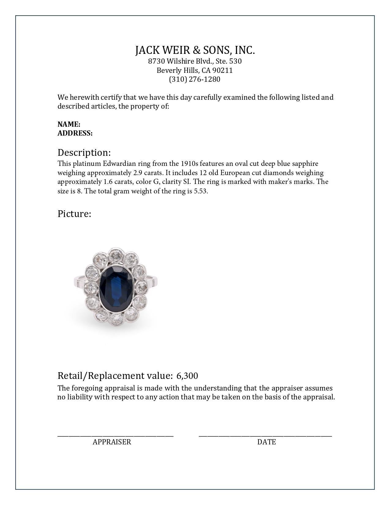 Platin-Cluster-Ring mit 2,9 Karat Saphir im Ovalschliff und Diamant im Edwardianischen Schliff für Damen oder Herren