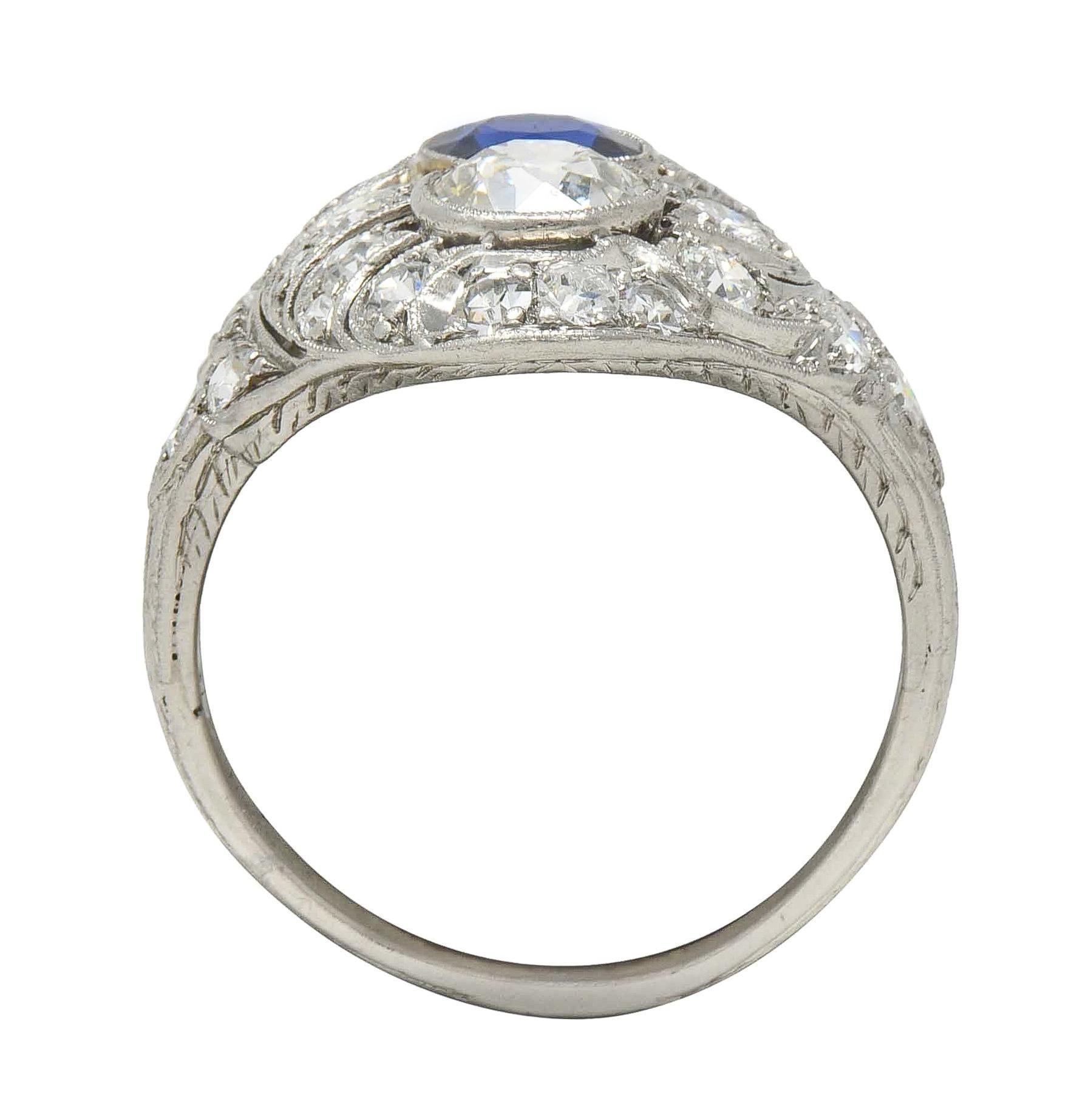 Edwardian 2.93 CTW Sapphire Diamond Platinum Antique Feather Toi-Et-Moi Ring For Sale 5