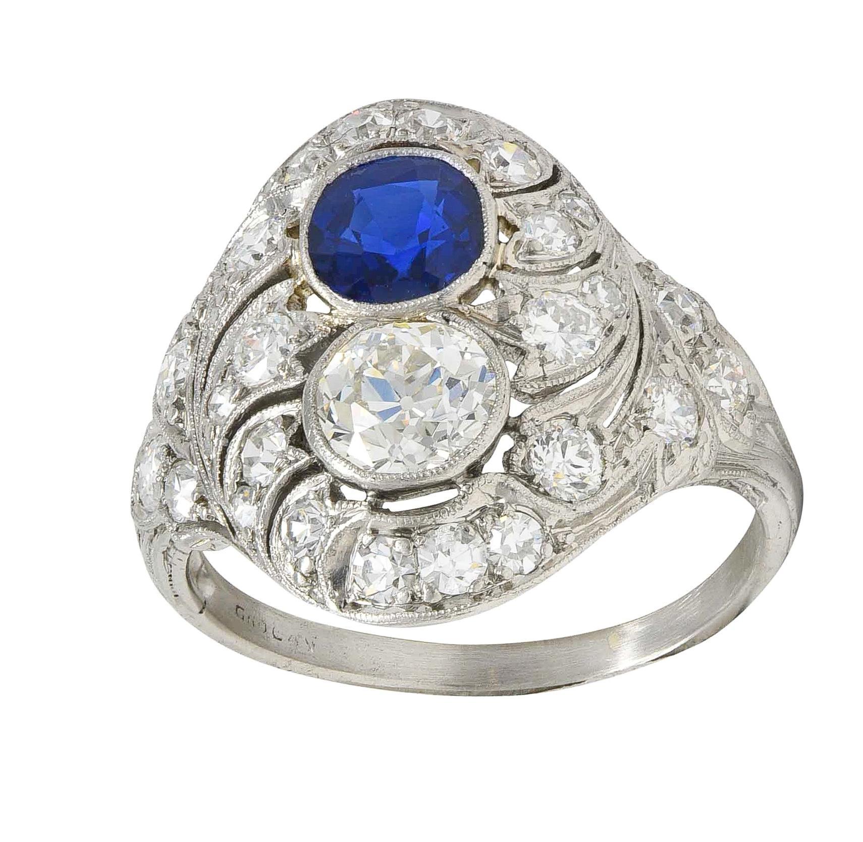 Edwardian 2.93 CTW Sapphire Diamond Platinum Antique Feather Toi-Et-Moi Ring For Sale 6