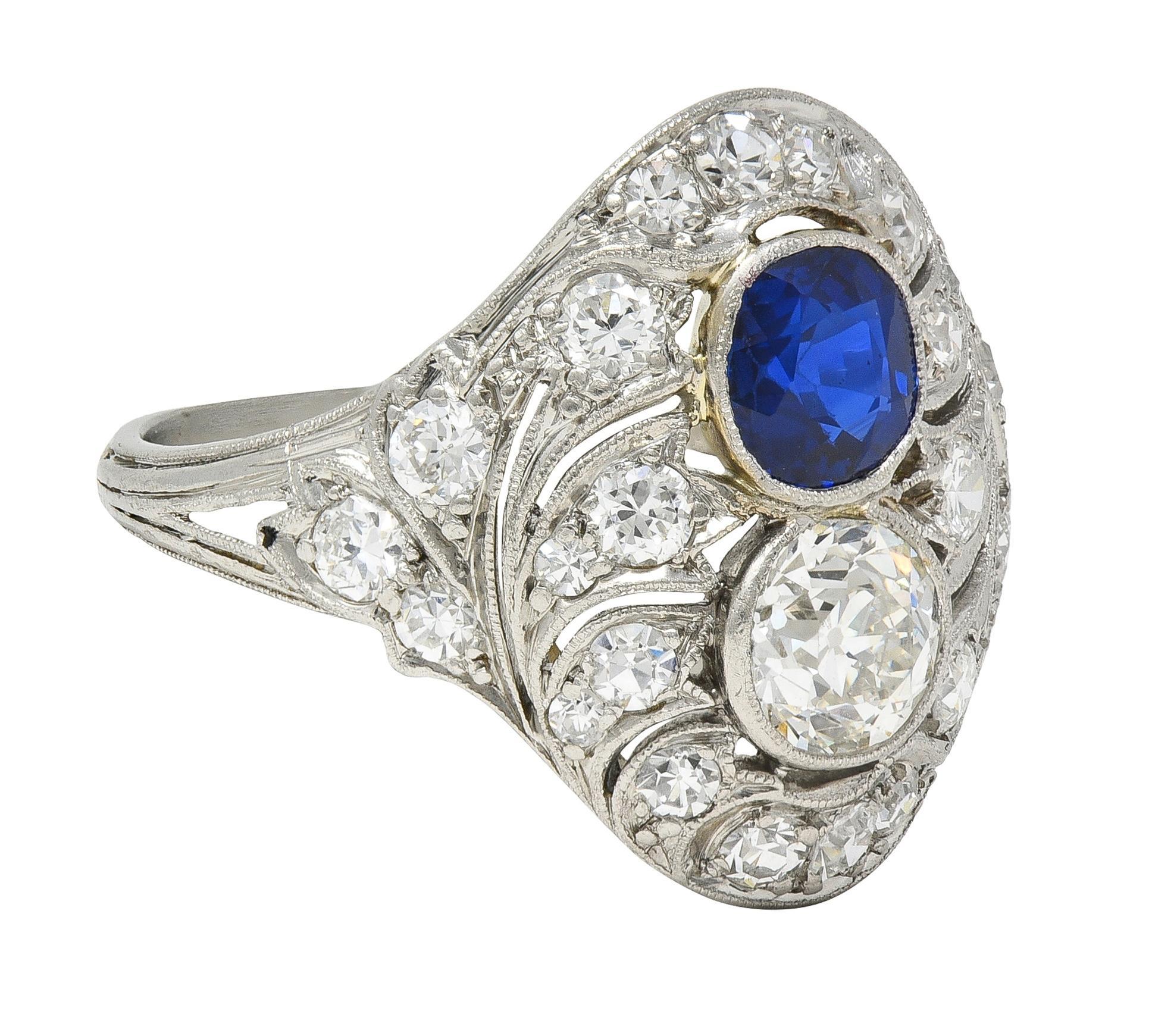 Cushion Cut Edwardian 2.93 CTW Sapphire Diamond Platinum Antique Feather Toi-Et-Moi Ring For Sale