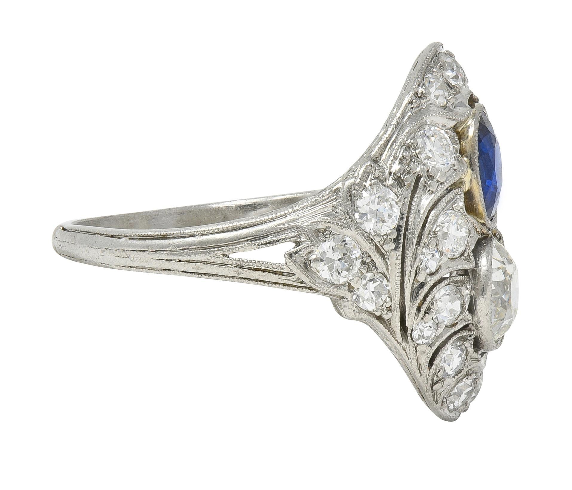Edwardian 2.93 CTW Sapphire Diamond Platinum Antique Feather Toi-Et-Moi Ring In Excellent Condition For Sale In Philadelphia, PA
