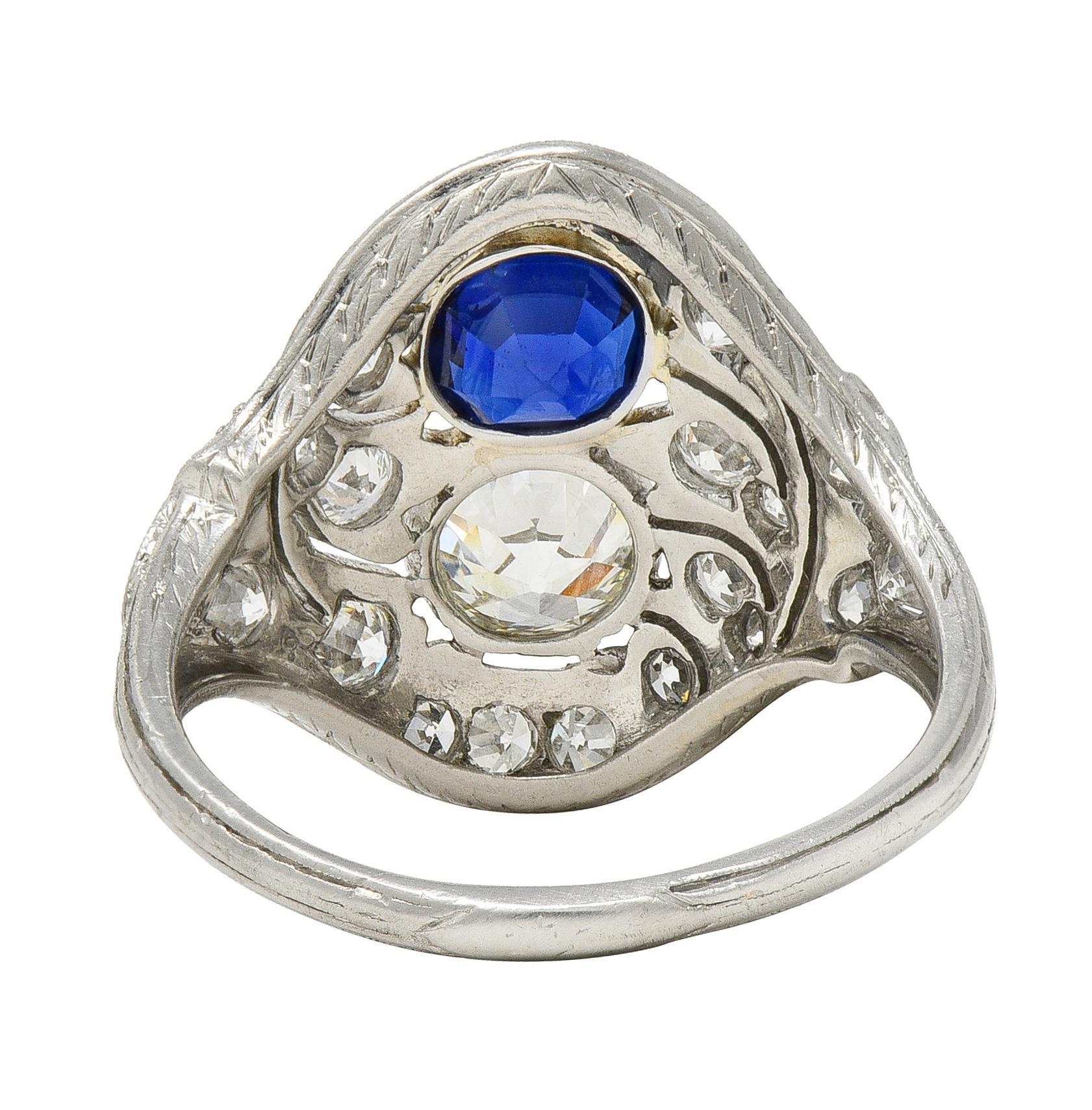 Women's Edwardian 2.93 CTW Sapphire Diamond Platinum Antique Feather Toi-Et-Moi Ring For Sale