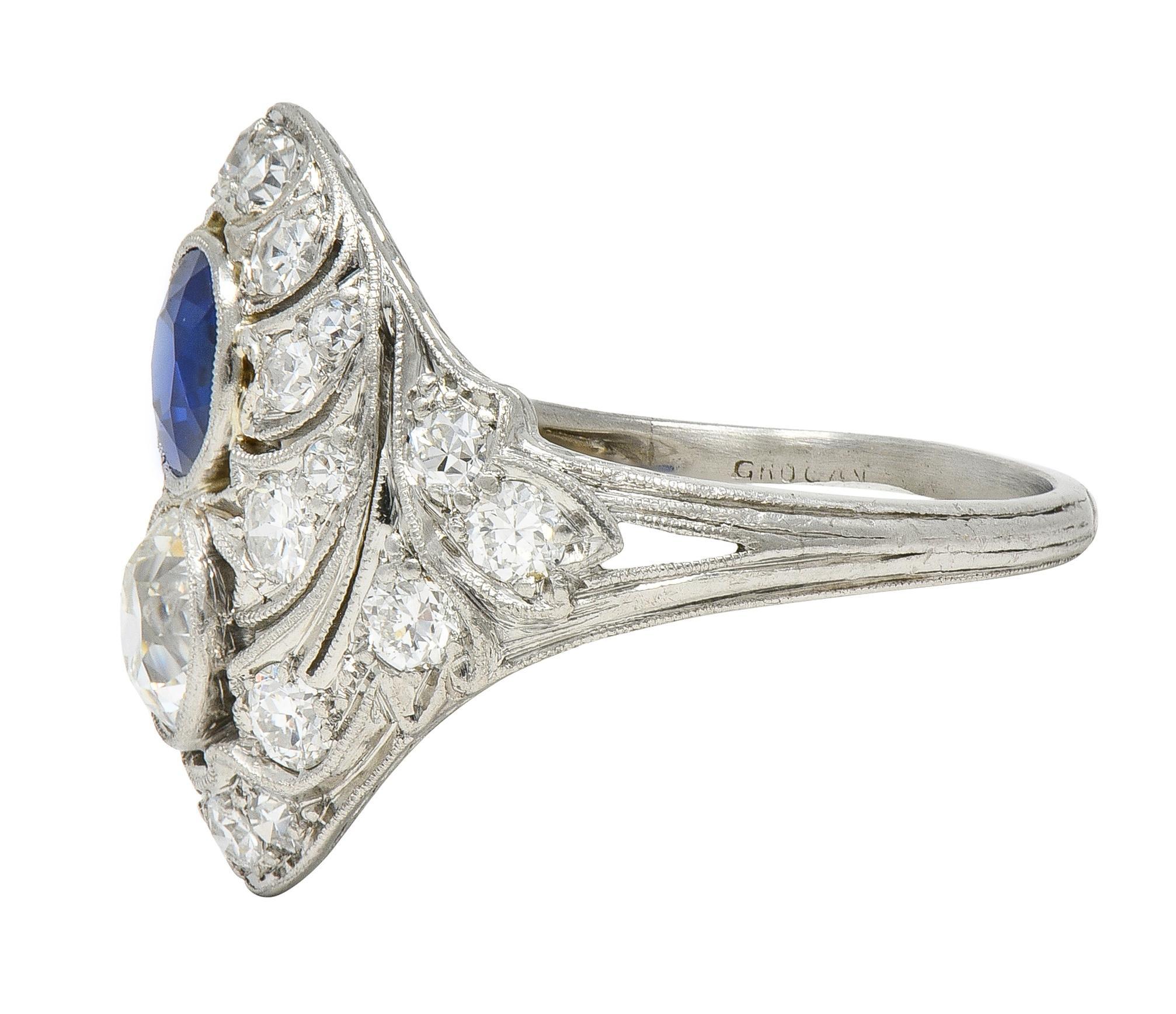 Edwardian 2.93 CTW Sapphire Diamond Platinum Antique Feather Toi-Et-Moi Ring For Sale 1