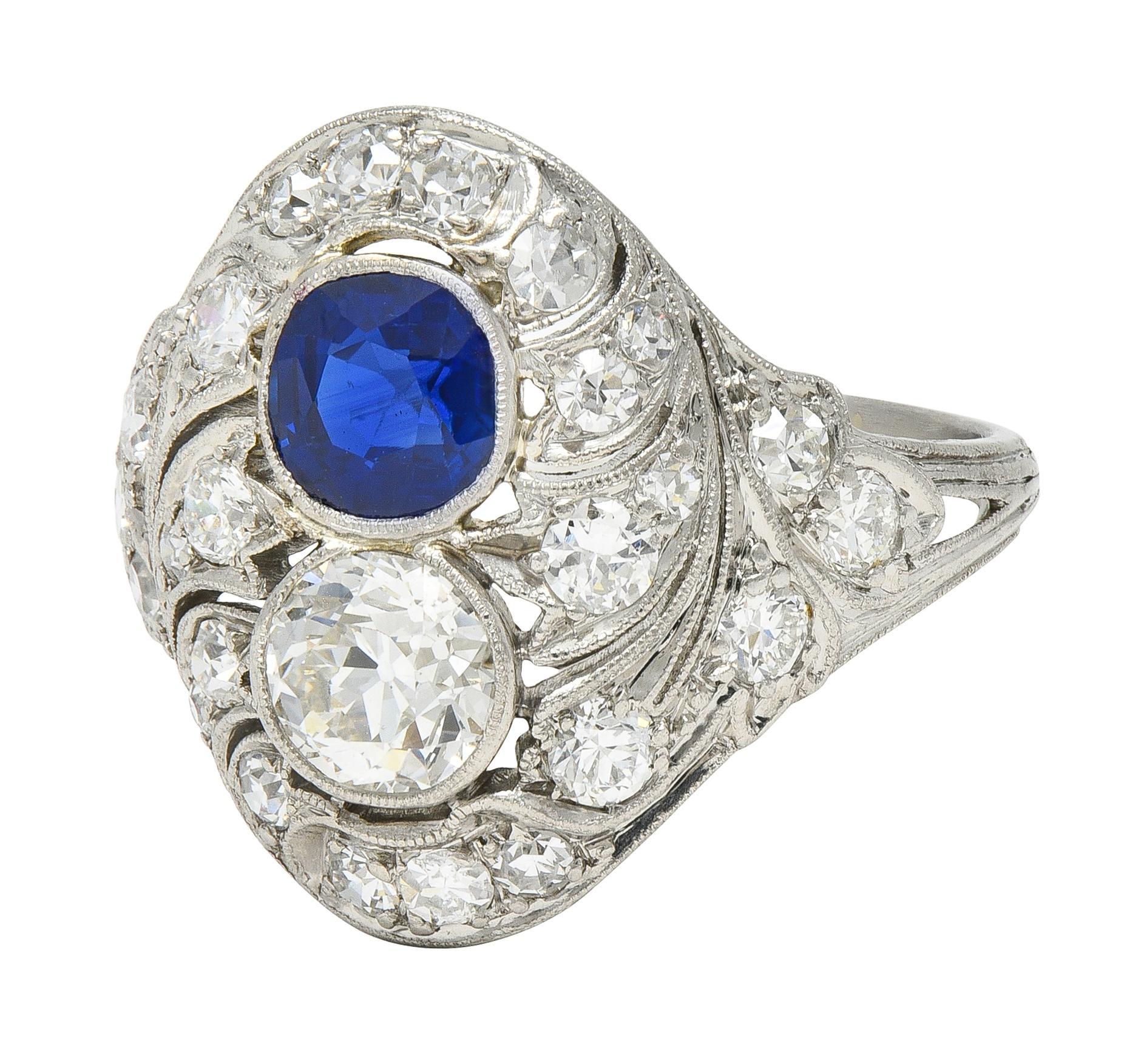 Edwardian 2.93 CTW Sapphire Diamond Platinum Antique Feather Toi-Et-Moi Ring For Sale 2