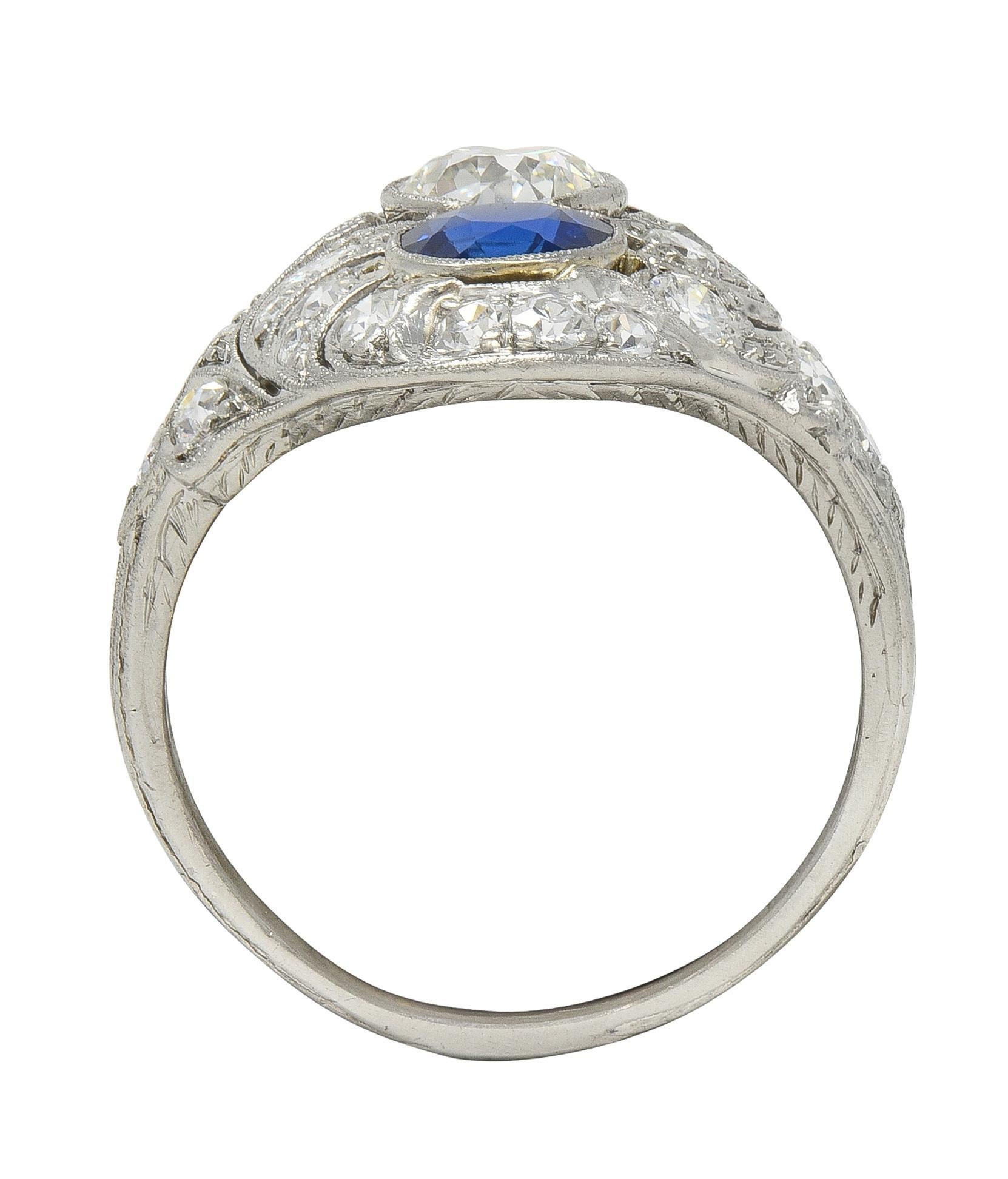 Edwardian 2.93 CTW Sapphire Diamond Platinum Antique Feather Toi-Et-Moi Ring For Sale 4