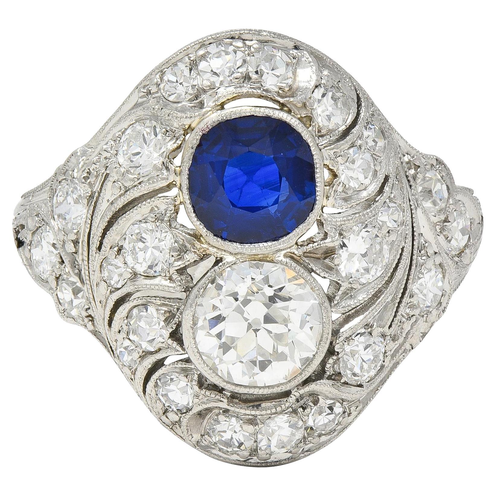 Edwardian 2.93 CTW Sapphire Diamond Platinum Antique Feather Toi-Et-Moi Ring For Sale