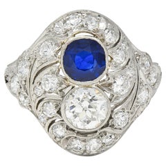 Bague Edwardienne 2.93 CTW Sapphire Diamond Platinum Antique Feather Toi-Et-Moi