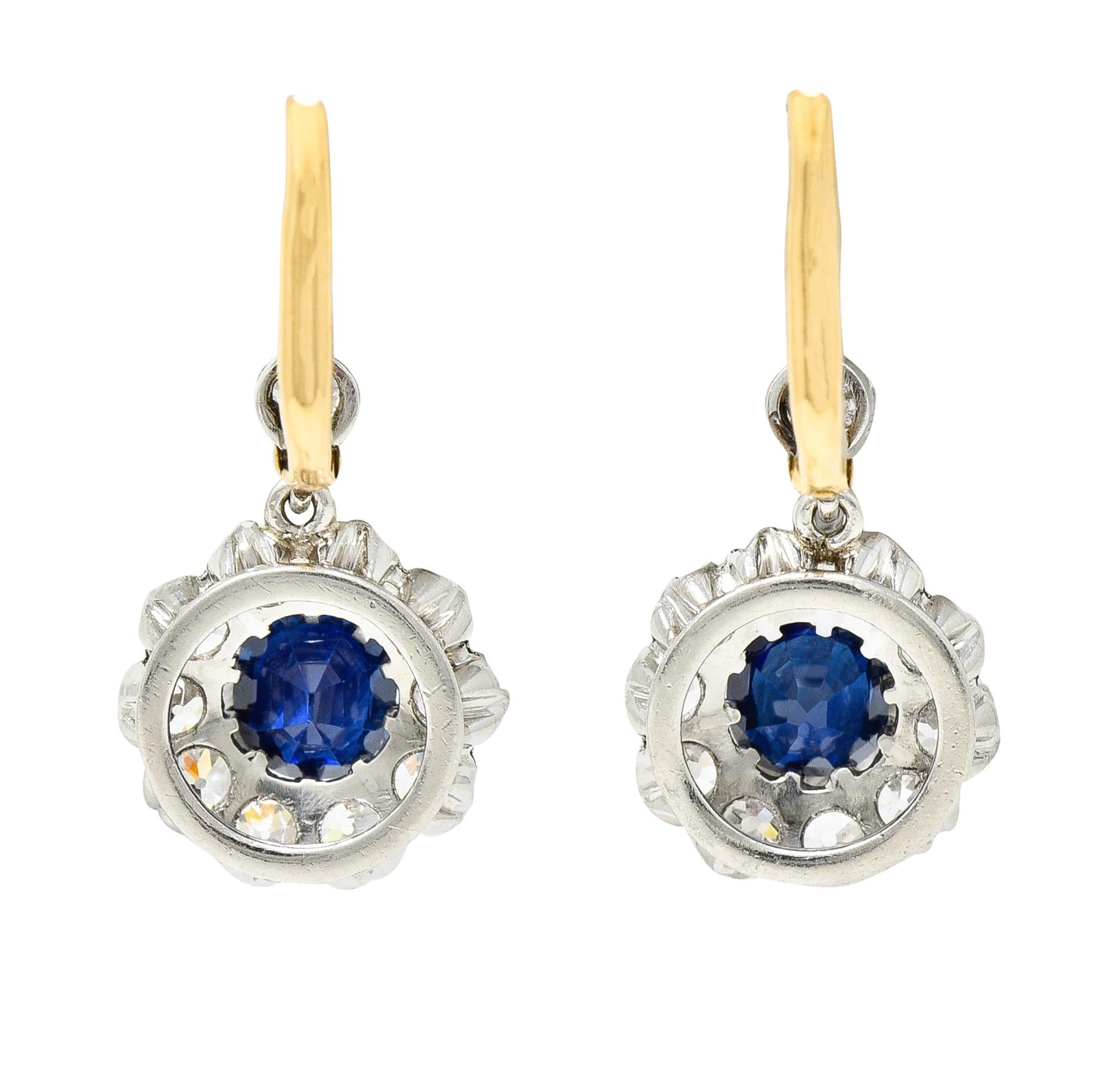 Edwardian 2.95 Carats Cushion Cut No Heat Cambodian Sapphire Drop Earrings In Excellent Condition In Philadelphia, PA
