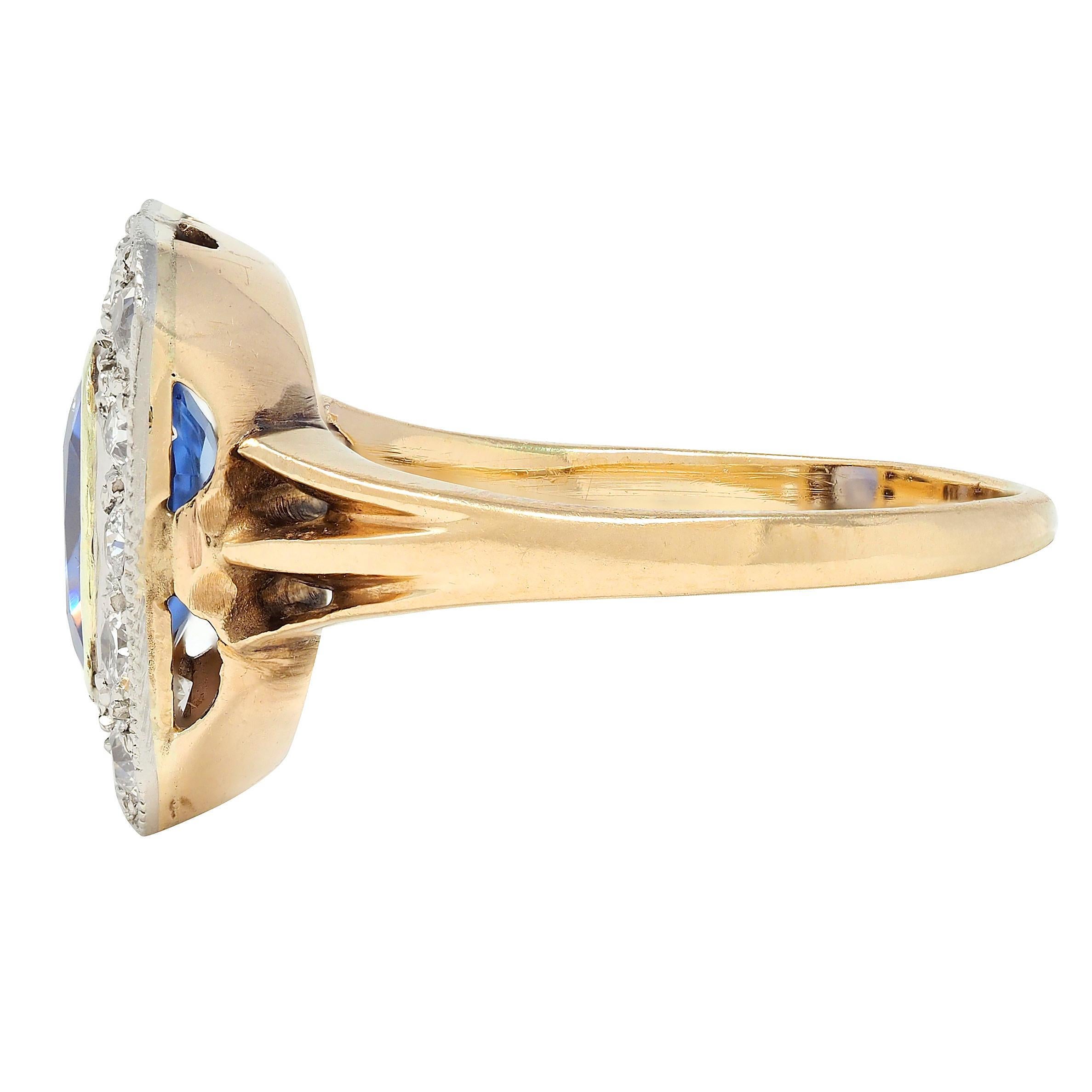 Bague halo édouardienne ancienne en or 14 carats, platine, diamants et saphir 2,98 carats Excellent état - En vente à Philadelphia, PA