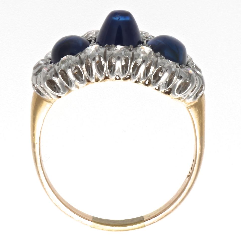 Edwardian 3 Stone Cabochon Sapphire Old European Diamond Platinum Gold Ring In Excellent Condition In Beverly Hills, CA