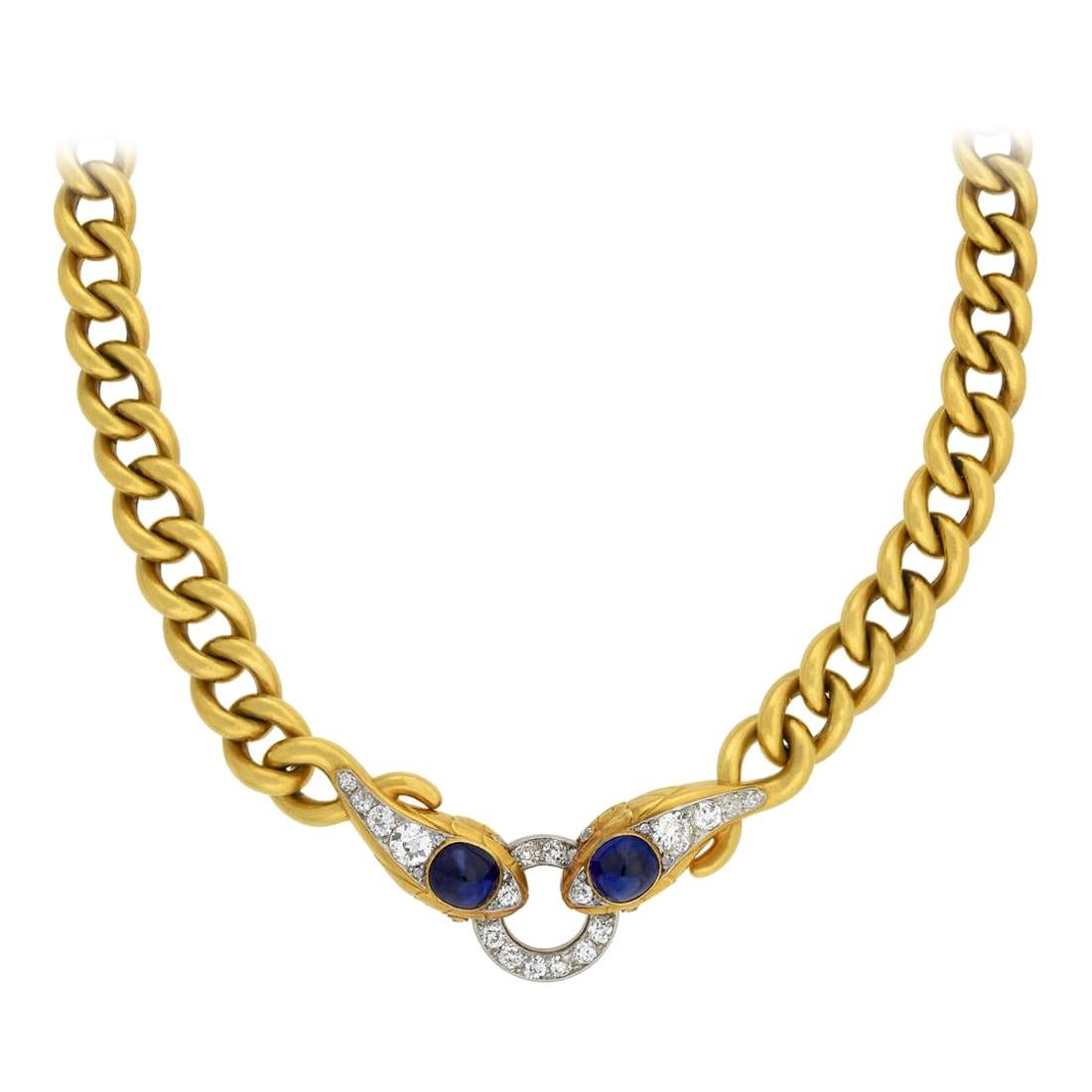 Edwardian 3 Total Carat Sapphire and Diamond Double Snake Head Chain Necklace