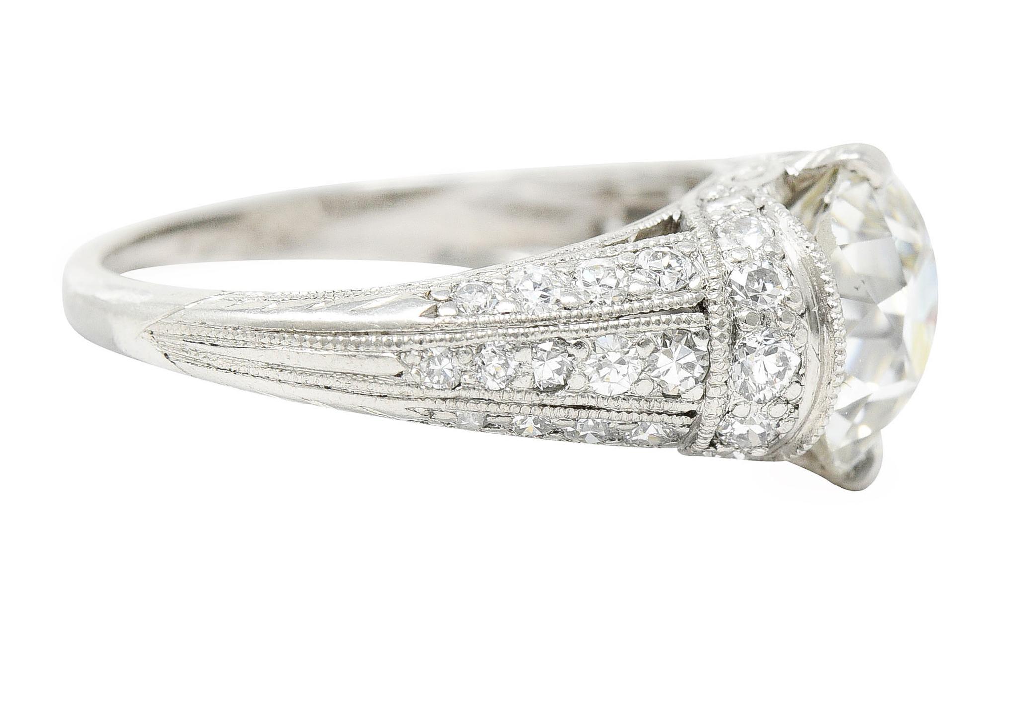 Edwardian 3.00 Carats Diamond Platinum Scrolled Engagement Ring In Excellent Condition In Philadelphia, PA