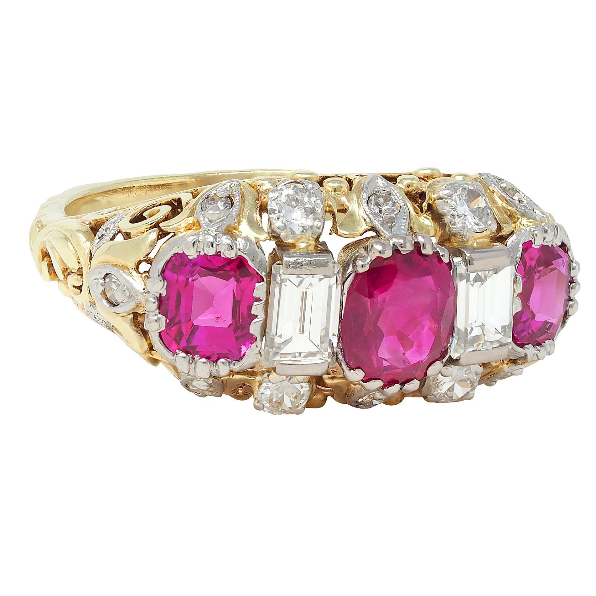 Oval Cut Edwardian 3.00 CTW Diamond Ruby Platinum 14K Gold Antique Scroll Band Ring GIA For Sale