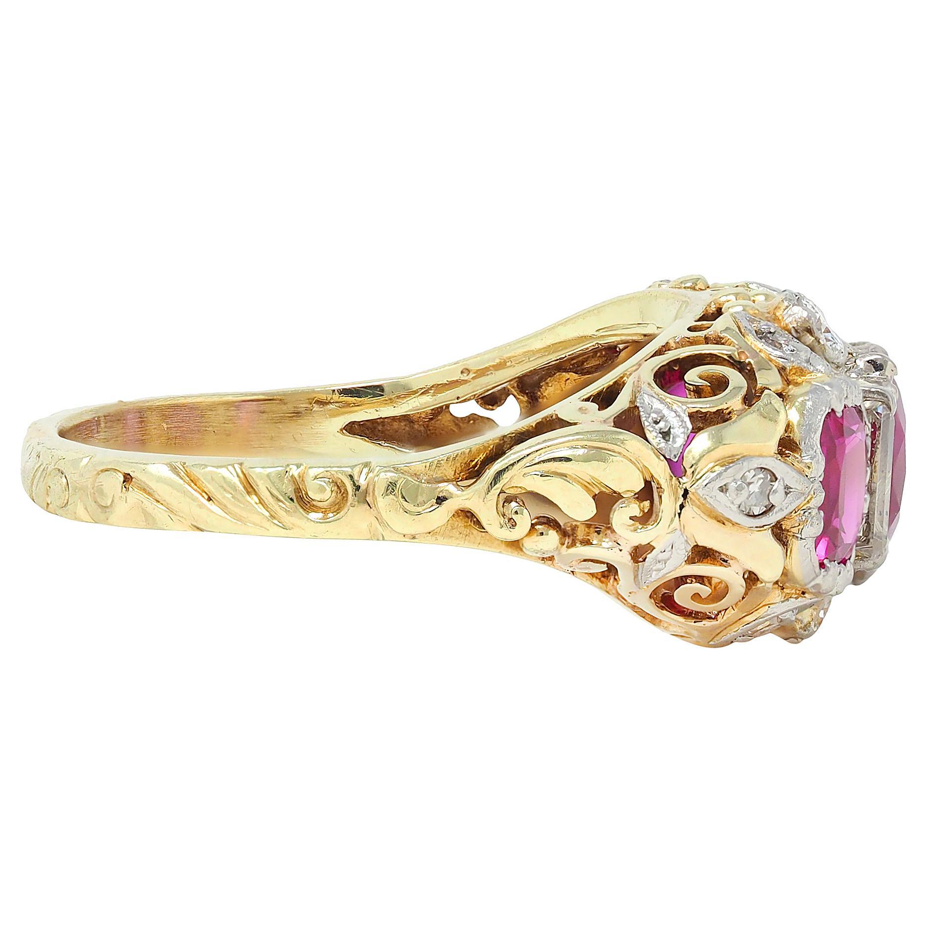 Edwardian 3.00 CTW Diamond Ruby Platinum 14K Gold Antique Scroll Band Ring GIA In Excellent Condition For Sale In Philadelphia, PA