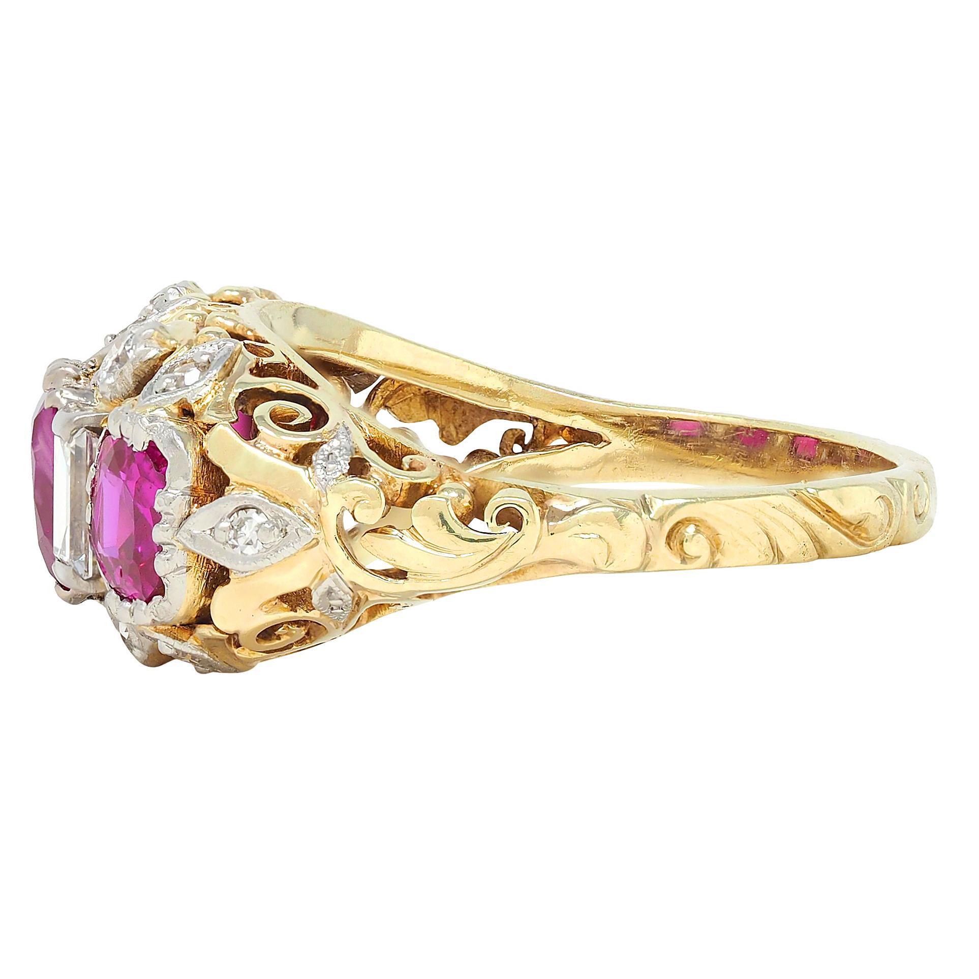 Women's or Men's Edwardian 3.00 CTW Diamond Ruby Platinum 14K Gold Antique Scroll Band Ring GIA For Sale