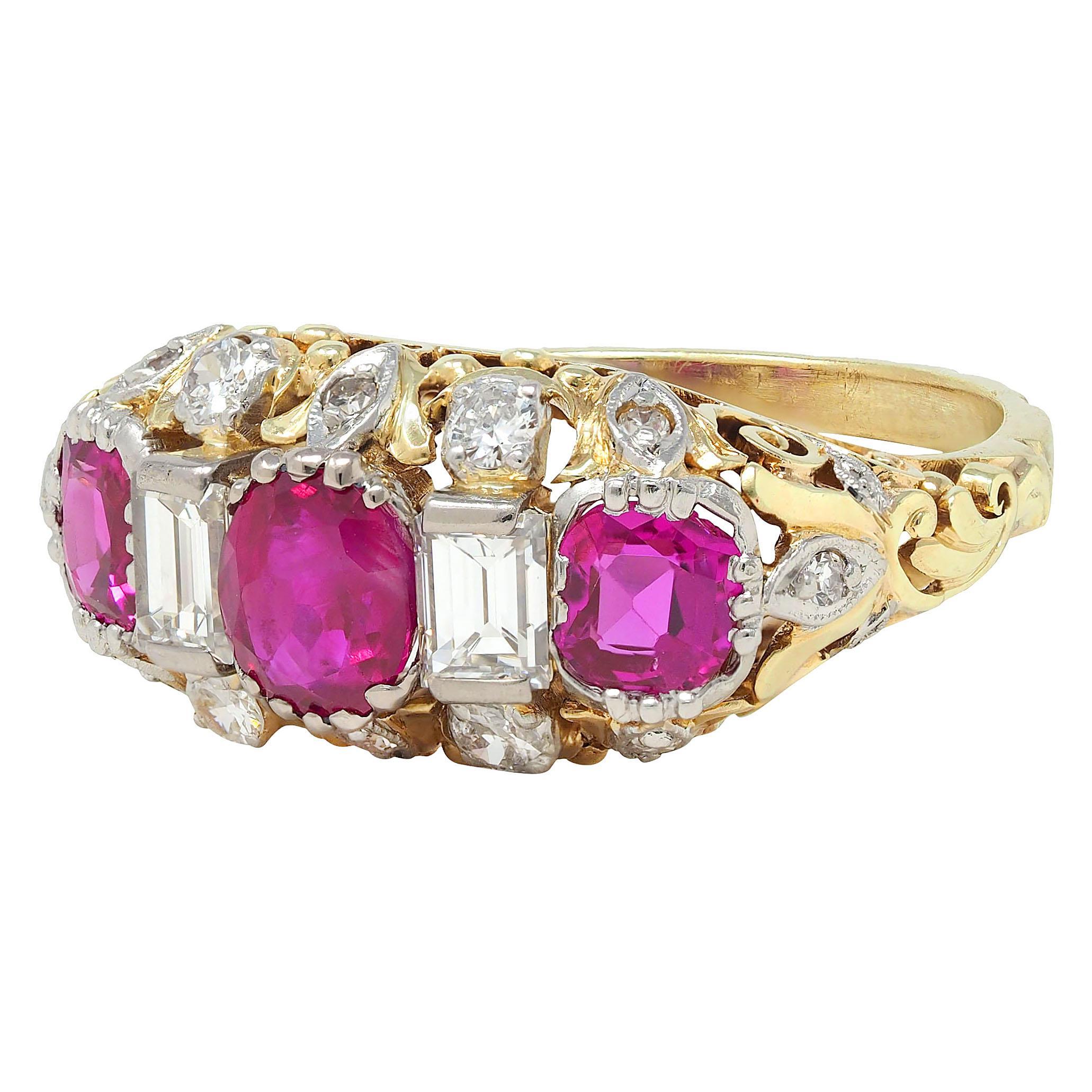 Edwardian 3.00 CTW Diamond Ruby Platinum 14K Gold Antique Scroll Band Ring GIA For Sale 1