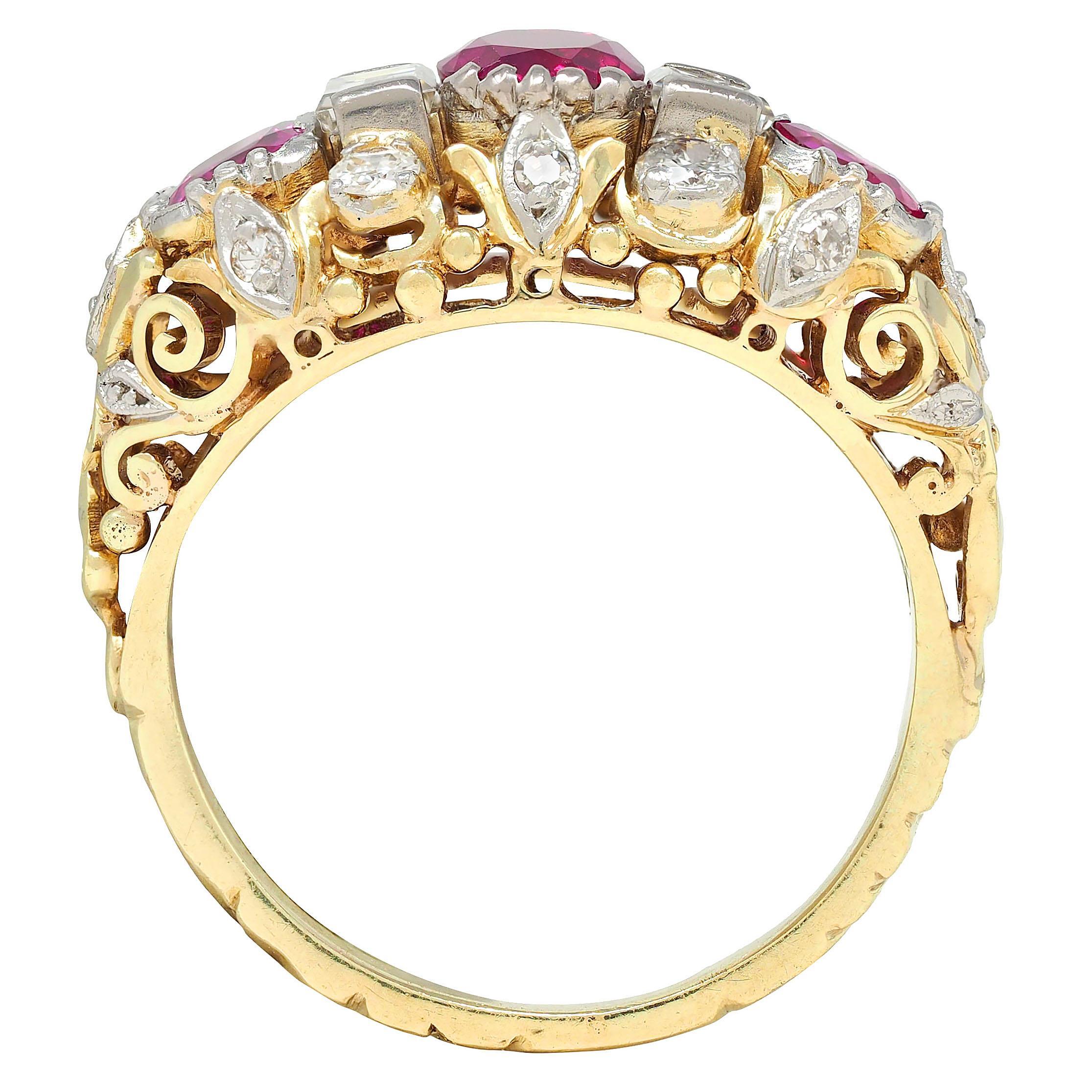 Edwardian 3.00 CTW Diamond Ruby Platinum 14K Gold Antique Scroll Band Ring GIA For Sale 2