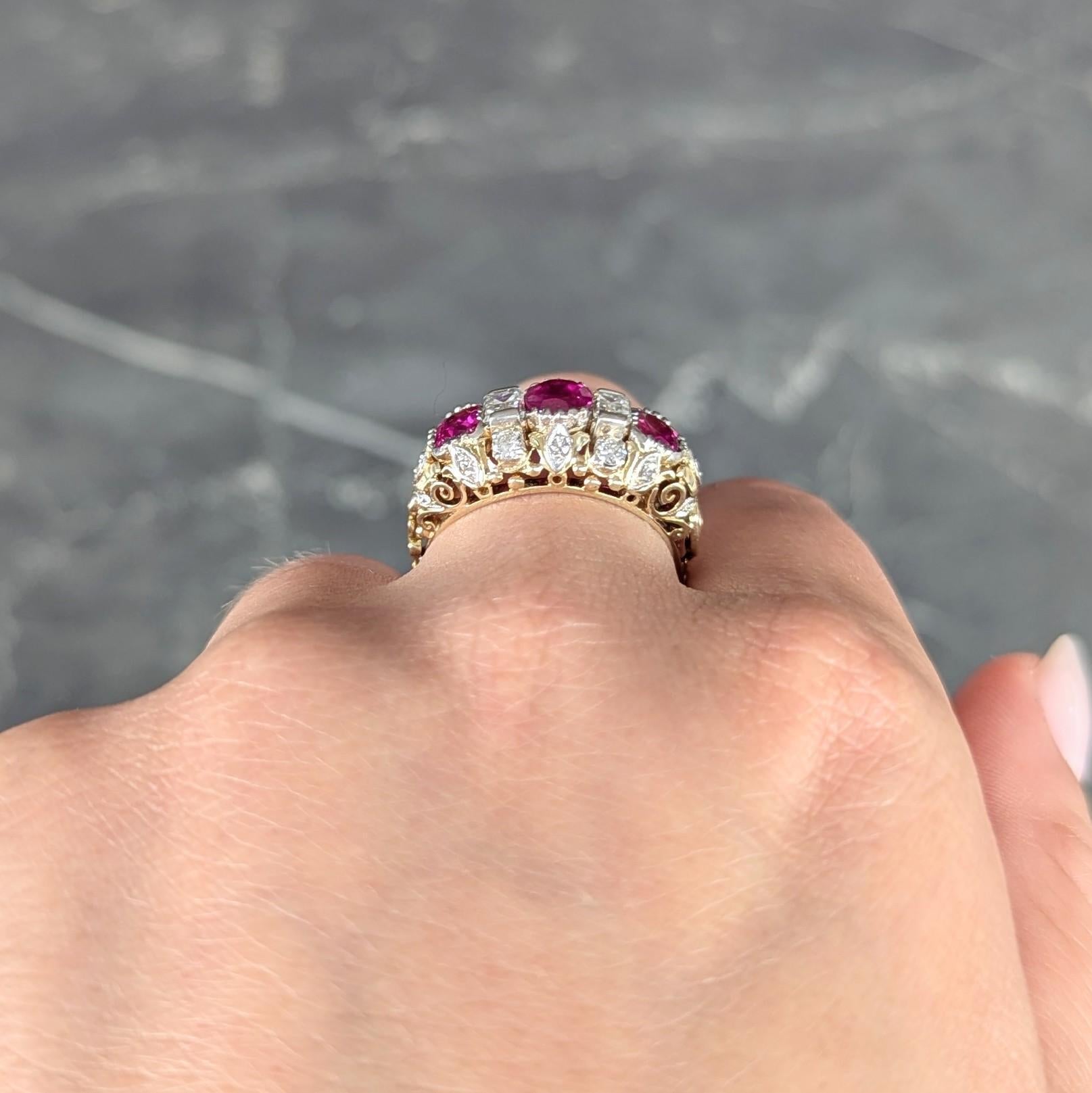 Edwardian 3.00 CTW Diamond Ruby Platinum 14K Gold Antique Scroll Band Ring GIA For Sale 3