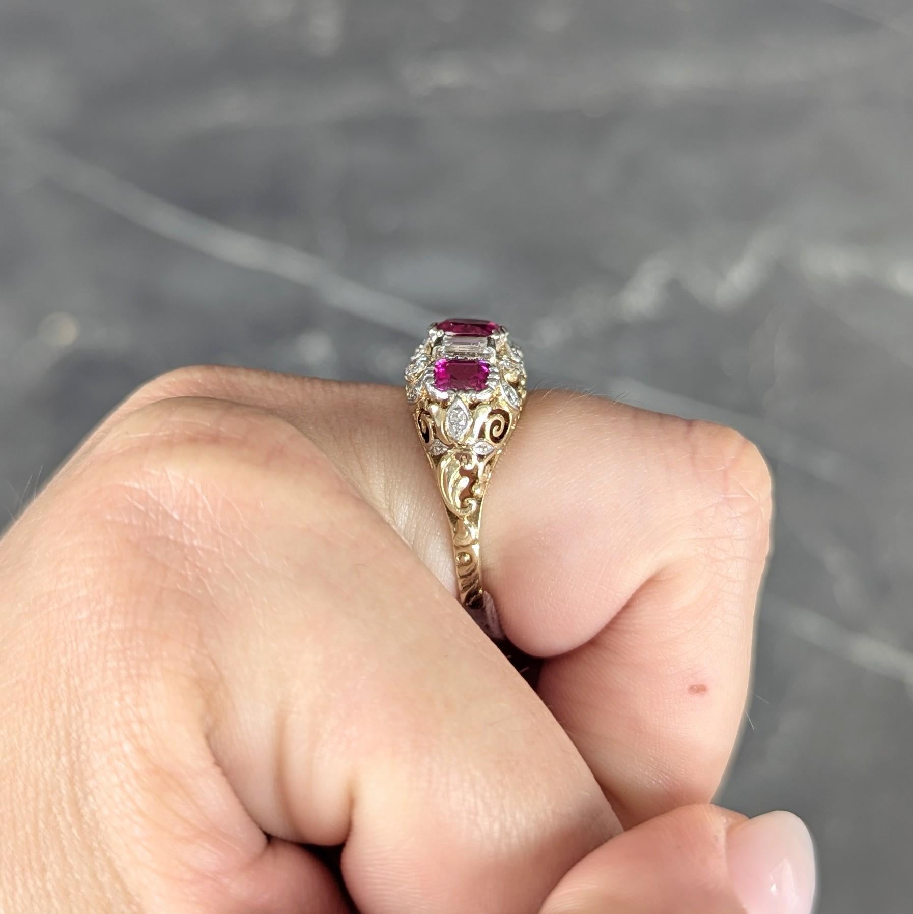 Edwardian 3.00 CTW Diamond Ruby Platinum 14K Gold Antique Scroll Band Ring GIA For Sale 4