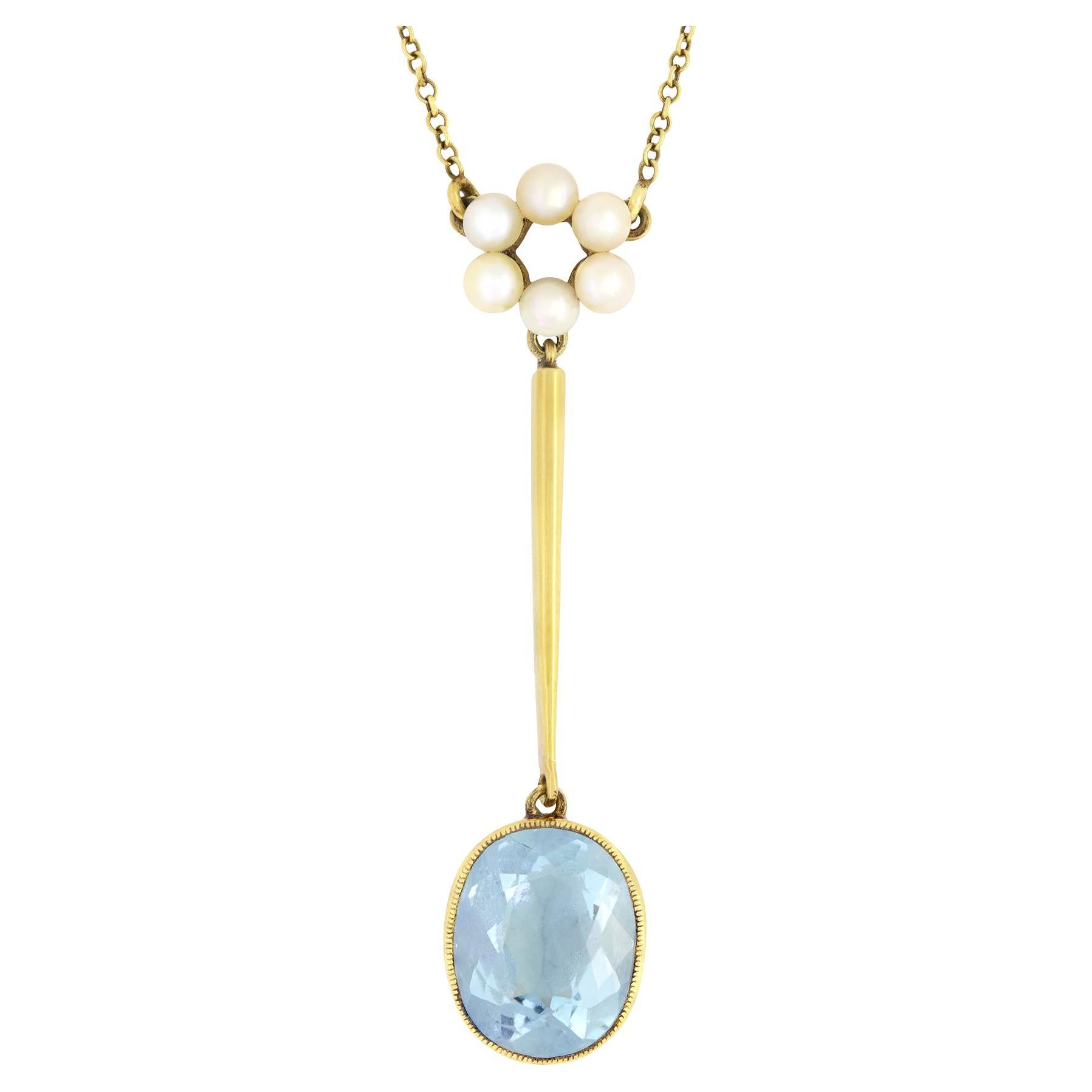 Edwardian 3.00ct Aqua and Pearl Drop Necklace, c.1915