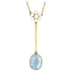 Edwardian 3.00ct Aqua and Pearl Drop Necklace, c.1915
