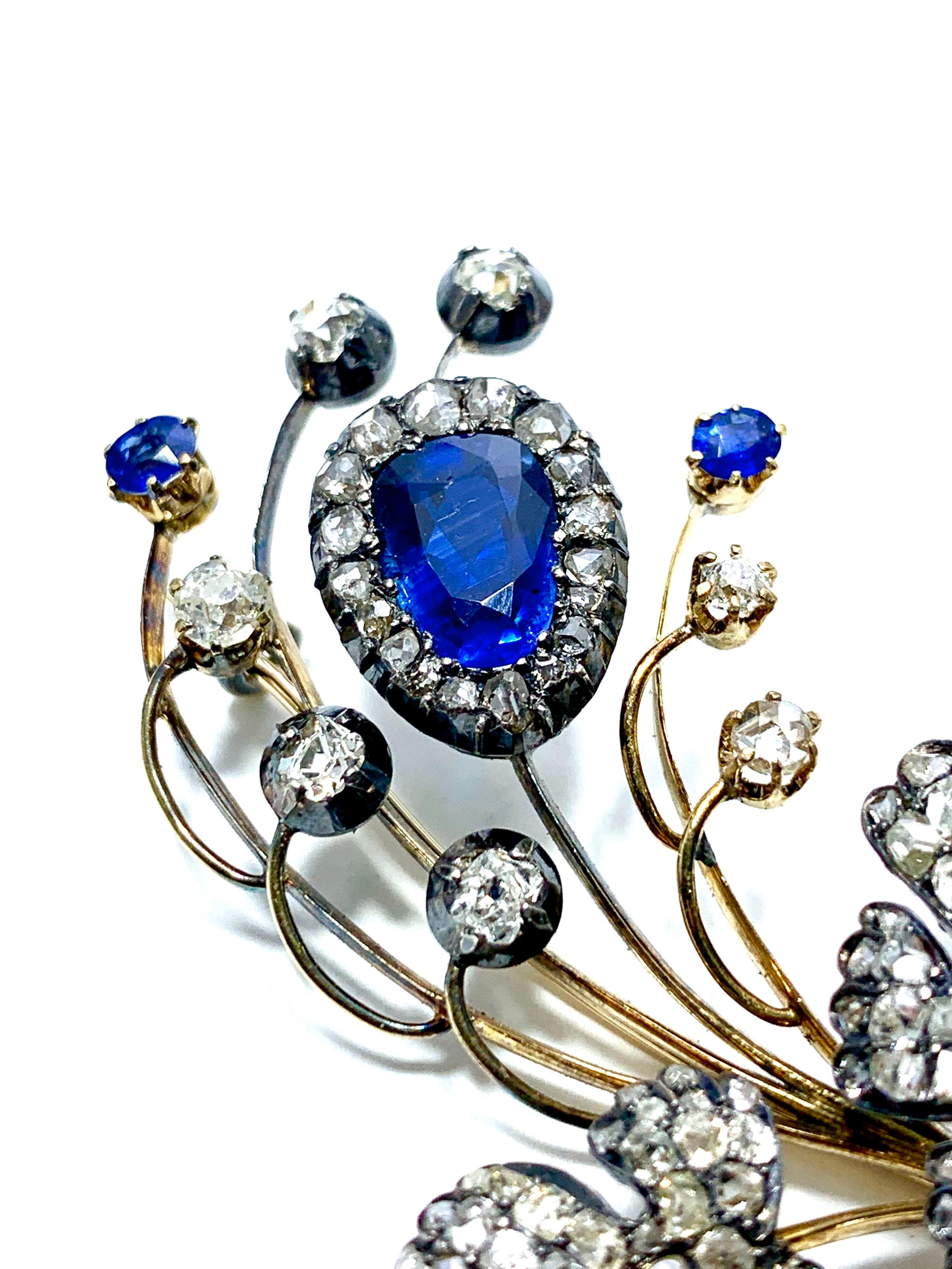 Edwardian 3.02 Carat Pear Shape Sapphire and Diamond Silver over Gold Bouquet 5