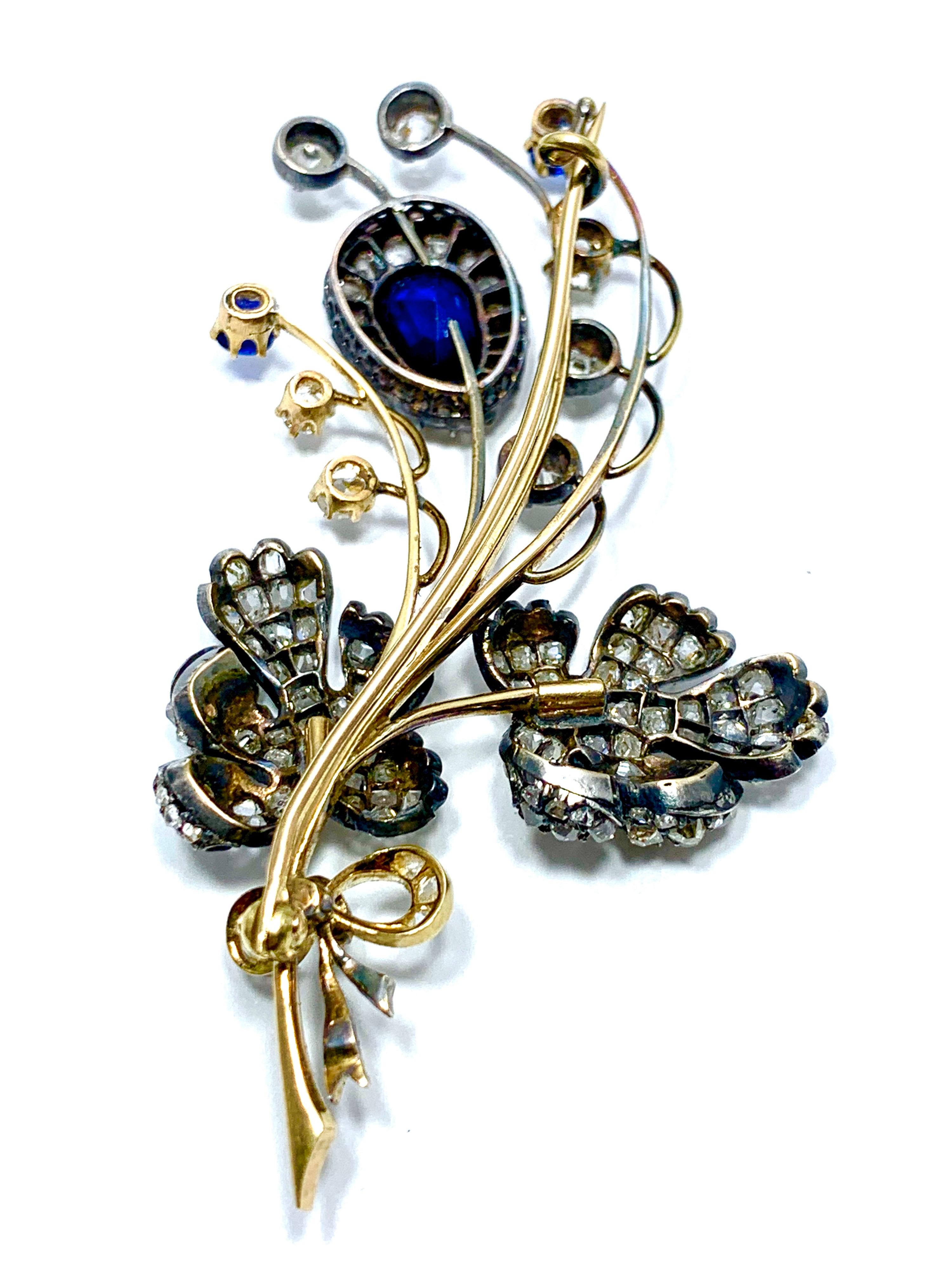 Edwardian 3.02 Carat Pear Shape Sapphire and Diamond Silver over Gold Bouquet 8