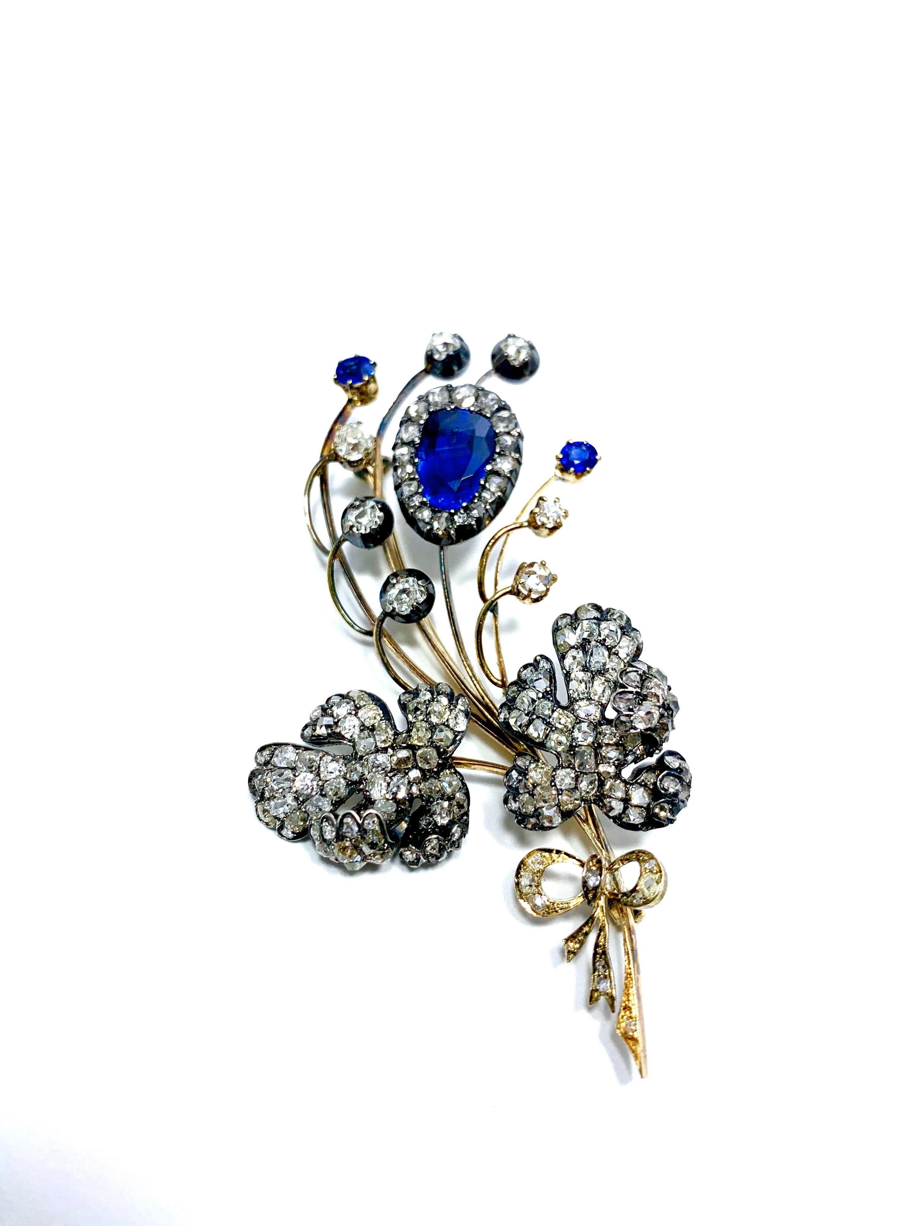 Pear Cut Edwardian 3.02 Carat Pear Shape Sapphire and Diamond Silver over Gold Bouquet