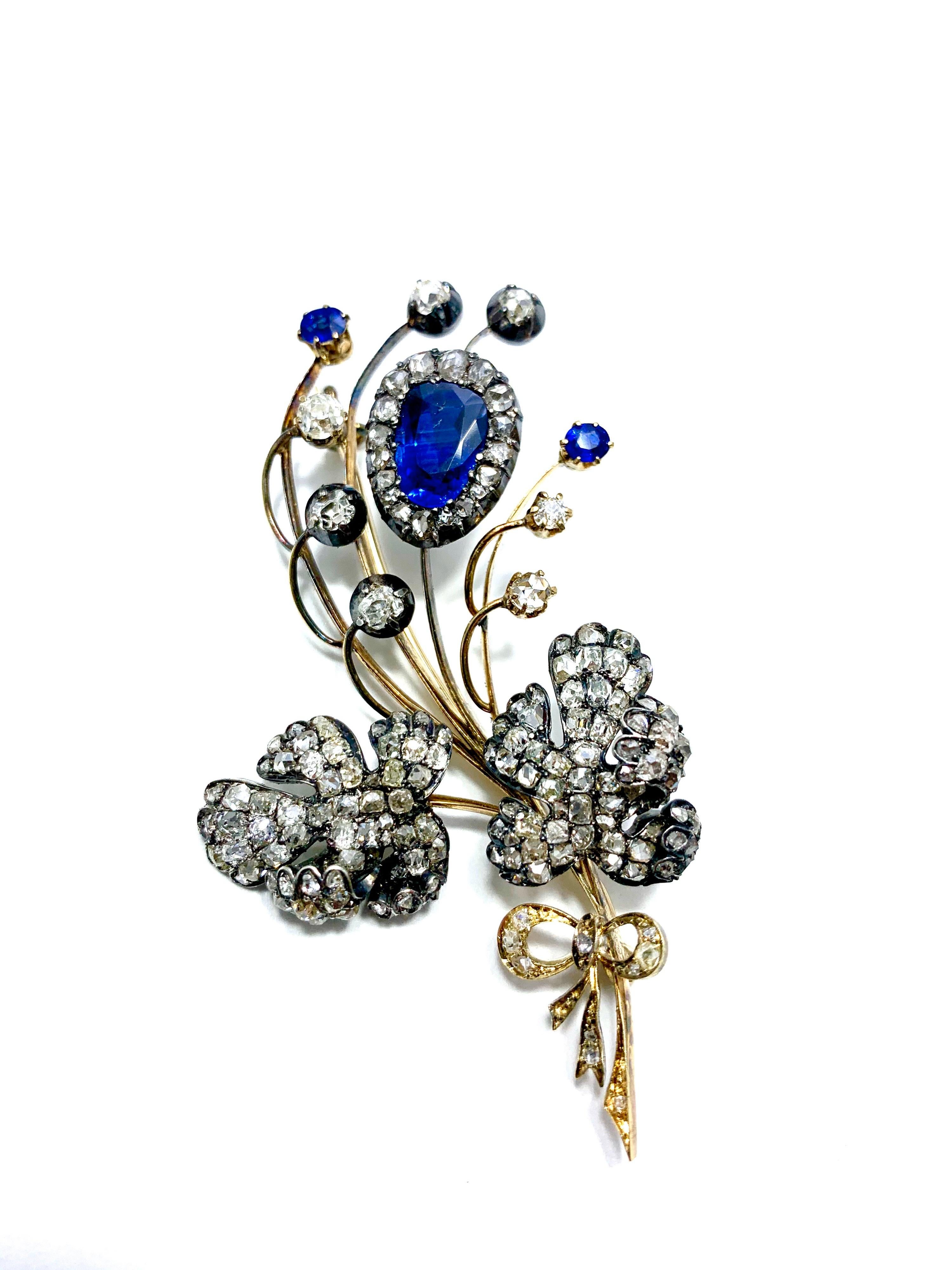 Edwardian 3.02 Carat Pear Shape Sapphire and Diamond Silver over Gold Bouquet In Excellent Condition In Chevy Chase, MD