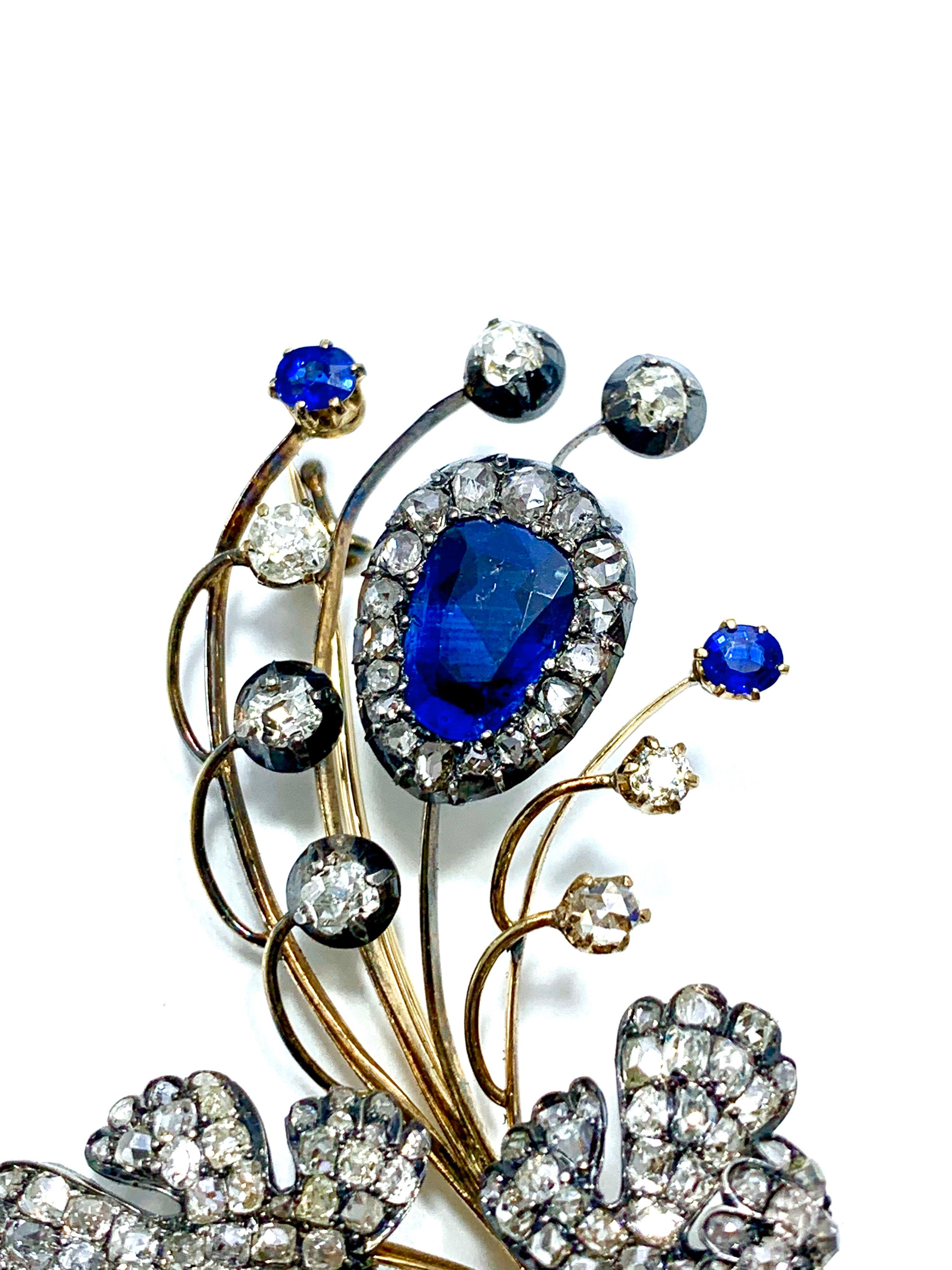 Edwardian 3.02 Carat Pear Shape Sapphire and Diamond Silver over Gold Bouquet 1
