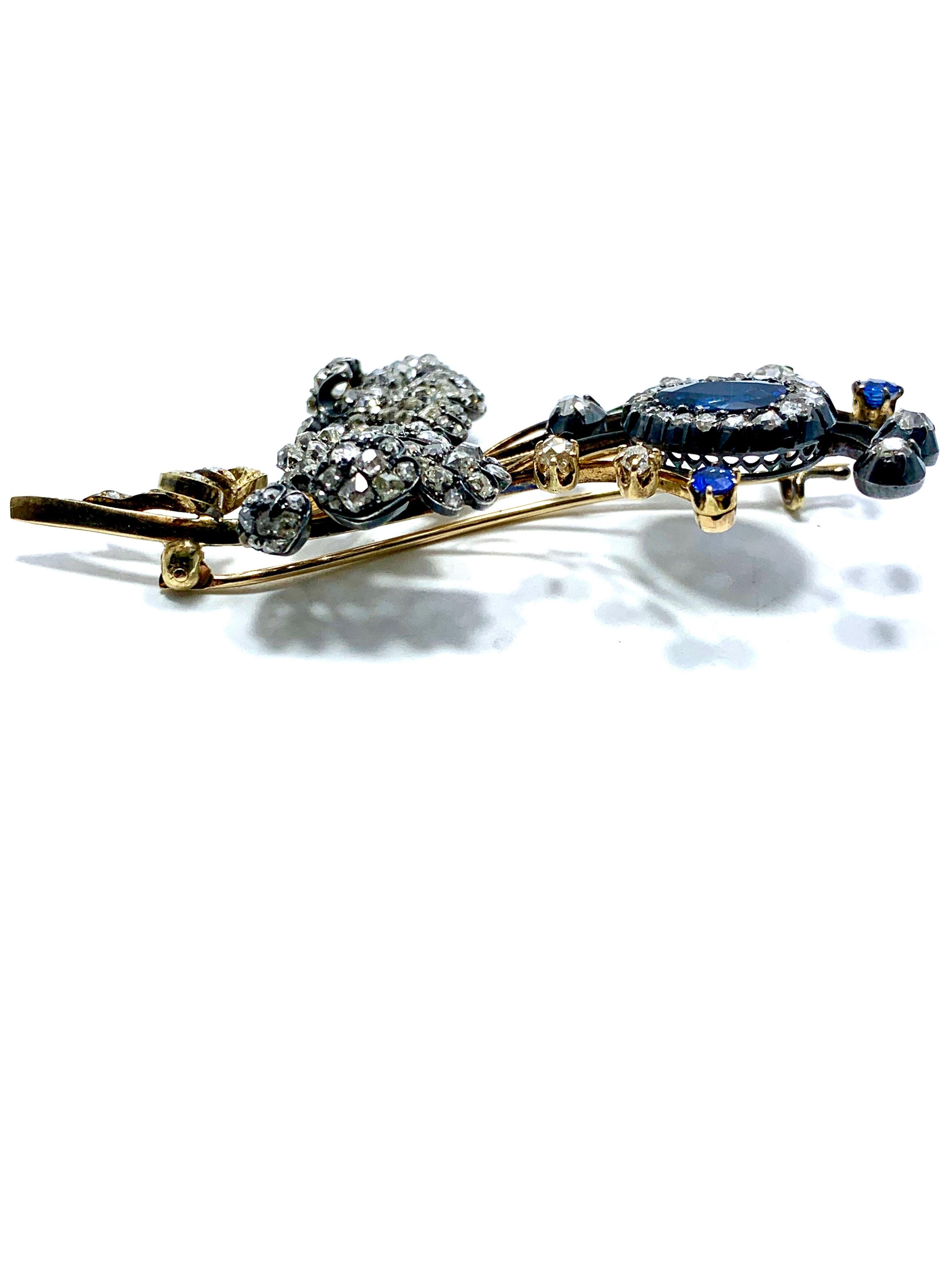 Edwardian 3.02 Carat Pear Shape Sapphire and Diamond Silver over Gold Bouquet 4