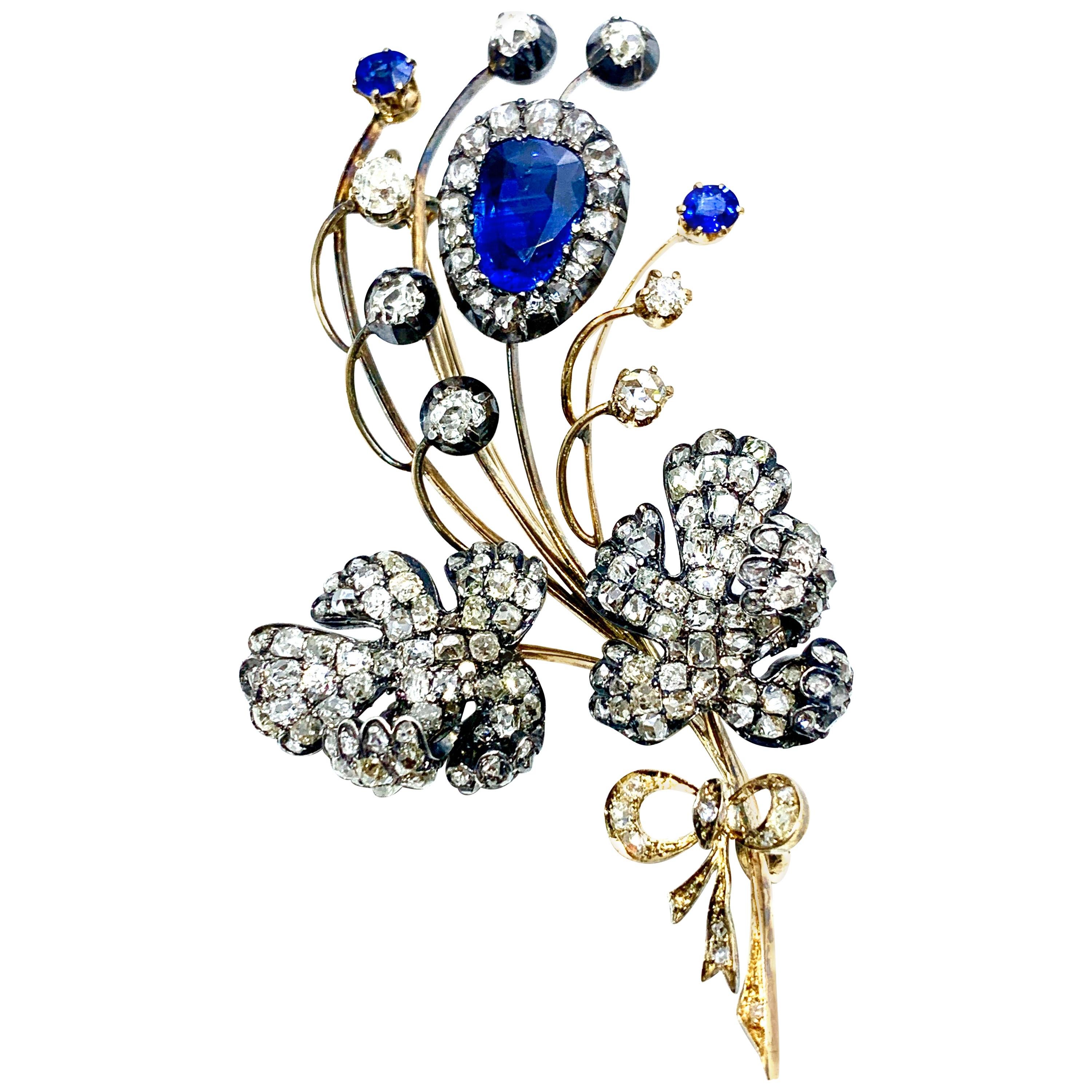 Edwardian 3.02 Carat Pear Shape Sapphire and Diamond Silver over Gold Bouquet